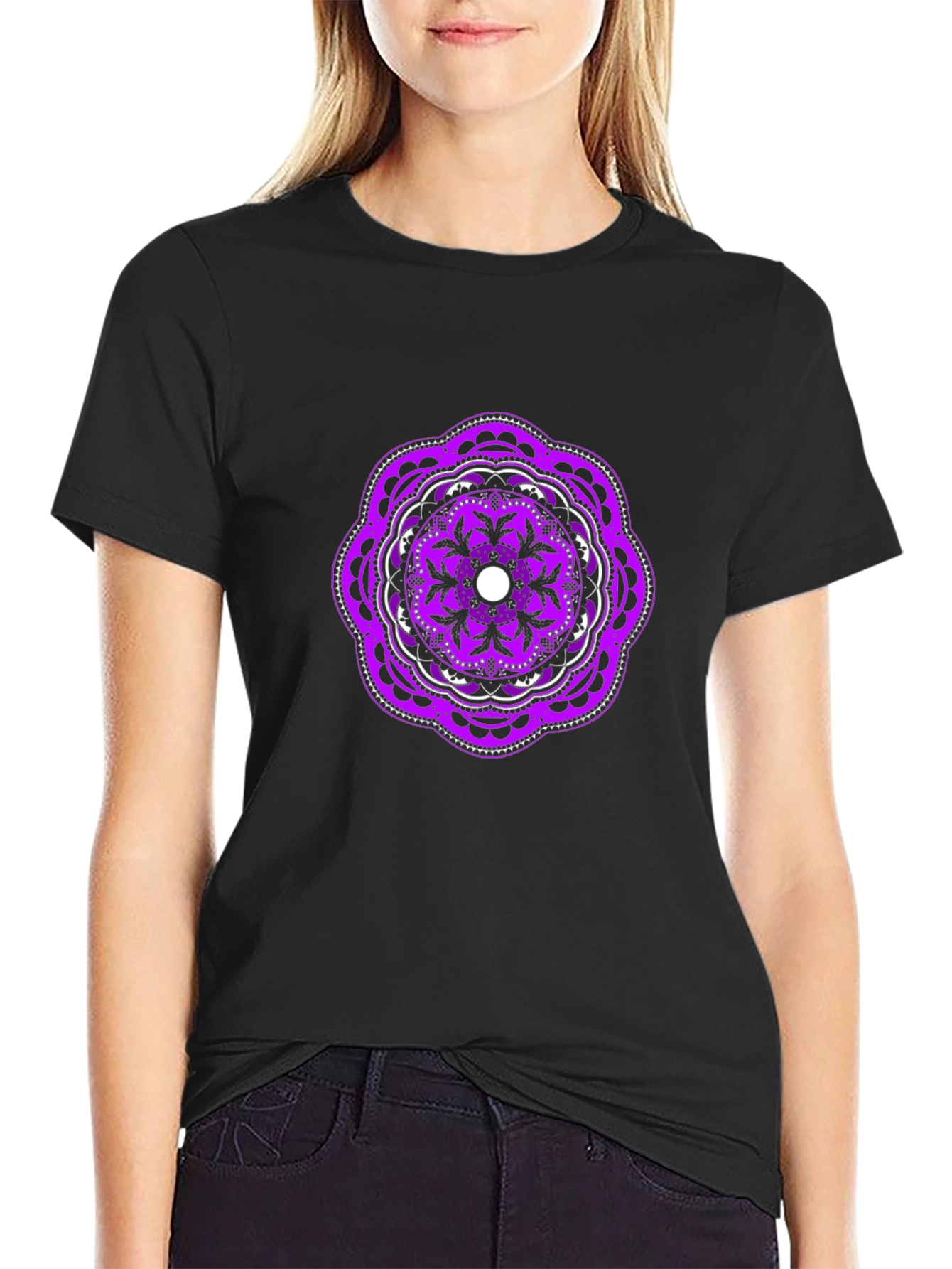 Black Tee with Purple Mandala Graphic