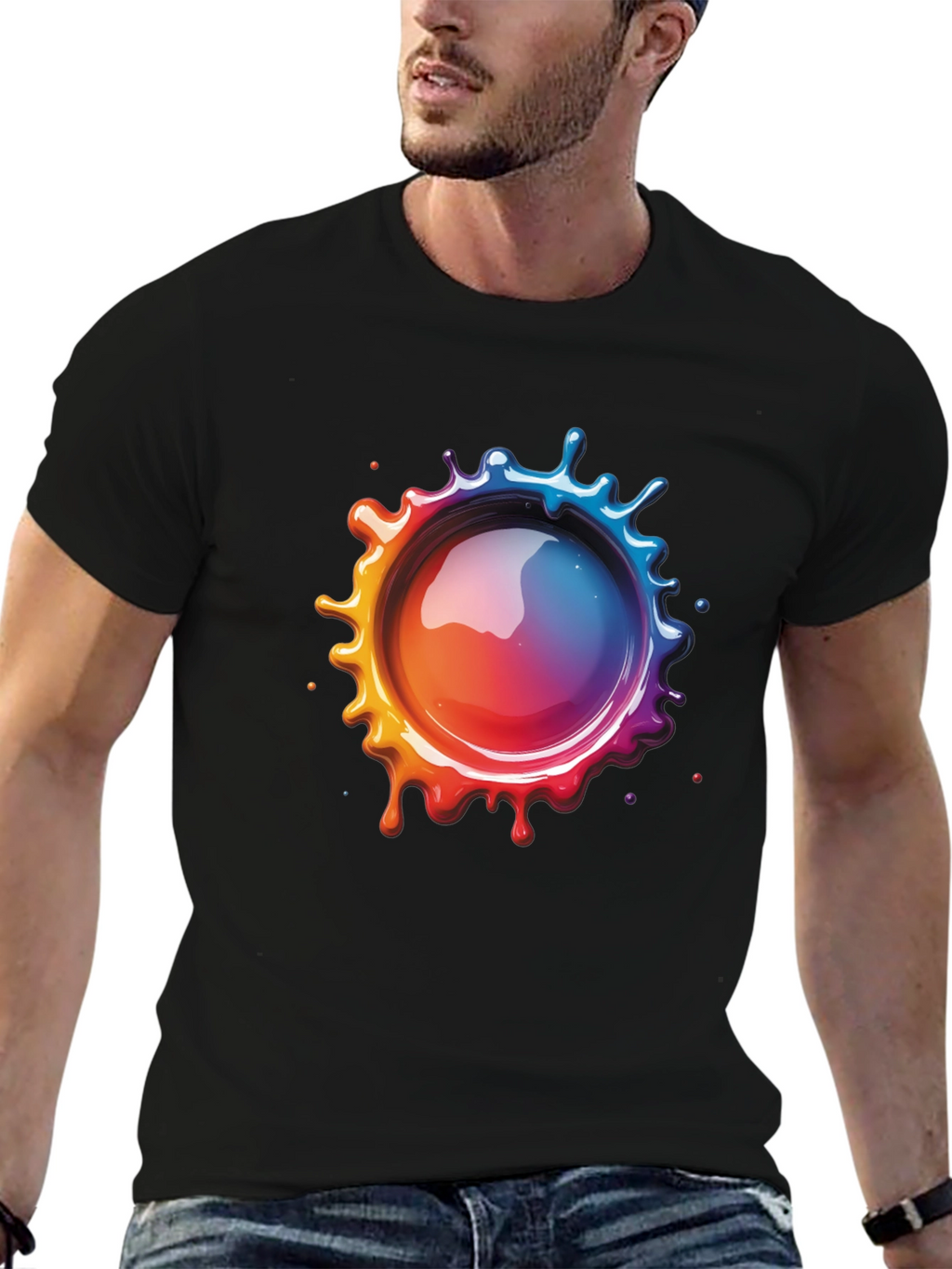 Mens Black T-Shirt with Vibrant Splatter Graphic