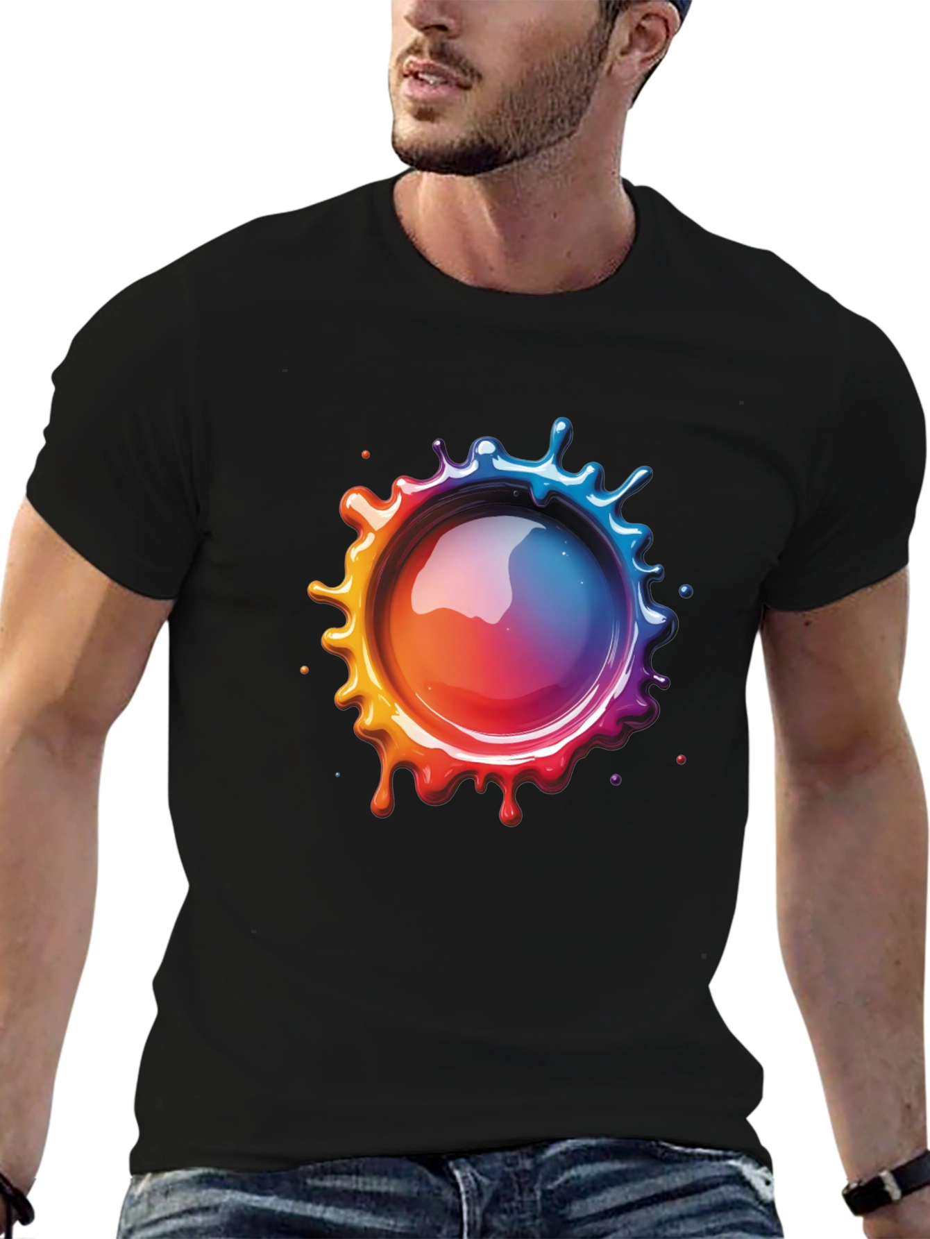Mens Black T-Shirt with Vibrant Splatter Graphic