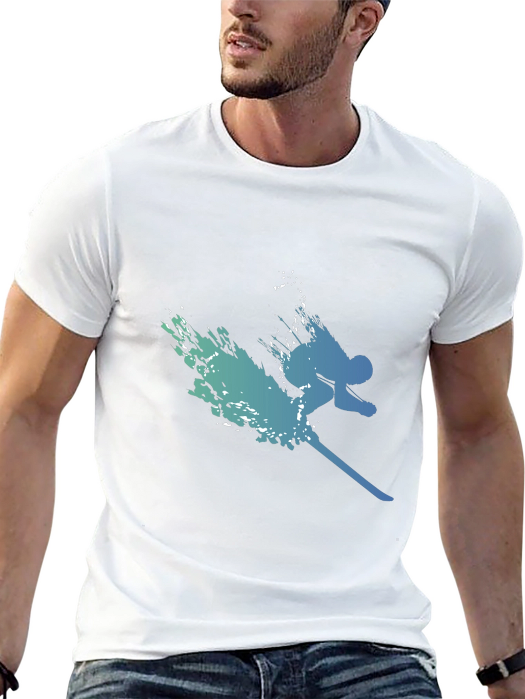 Stylish Skier Graphic Tee - Black Cotton Blend
