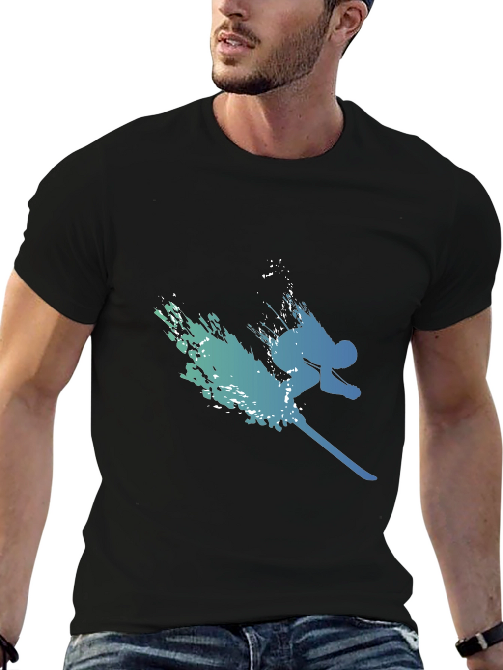 Stylish Skier Graphic Tee - Black Cotton Blend