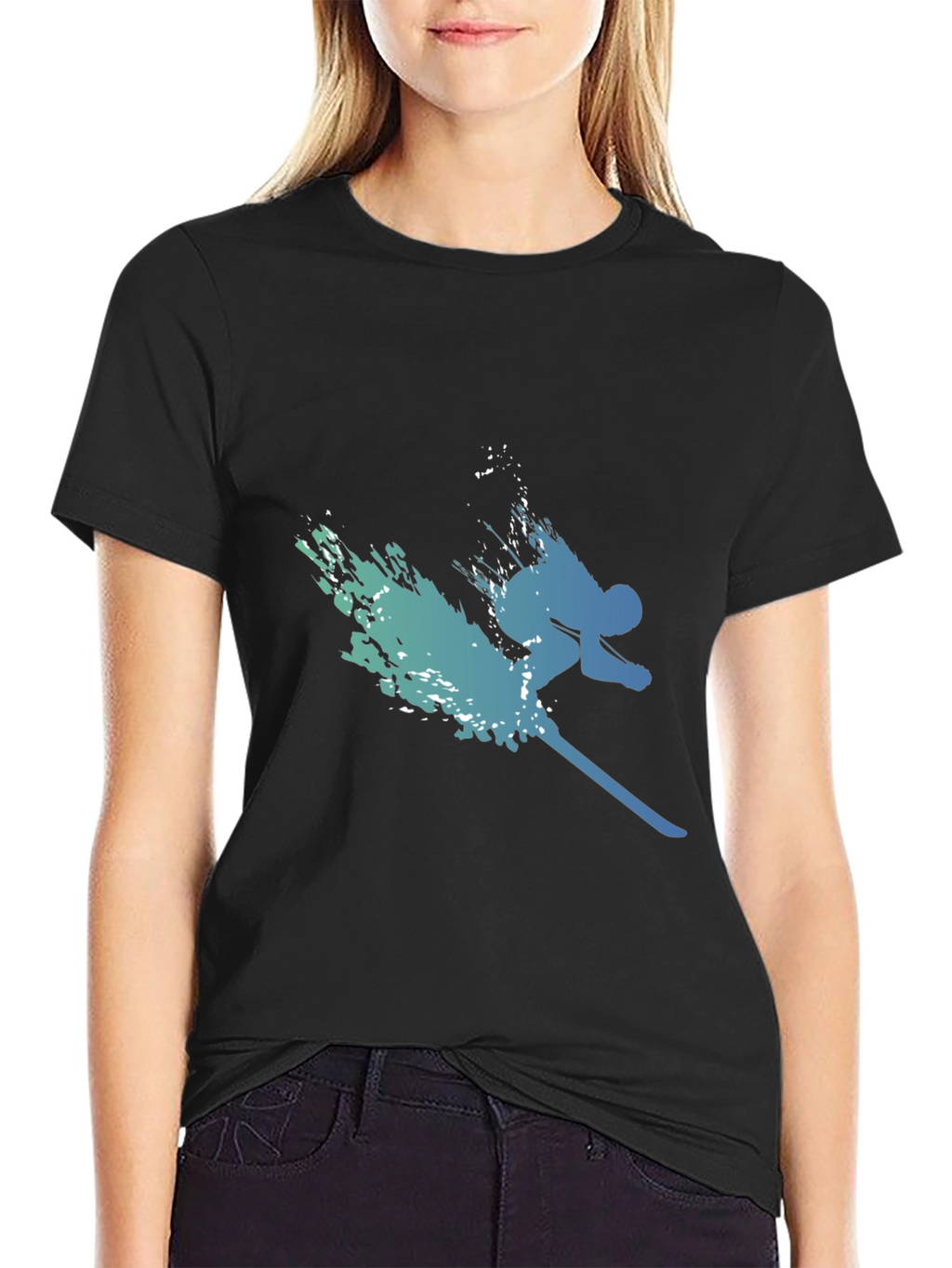 Stylish Skier Graphic Tee - Black Cotton Blend