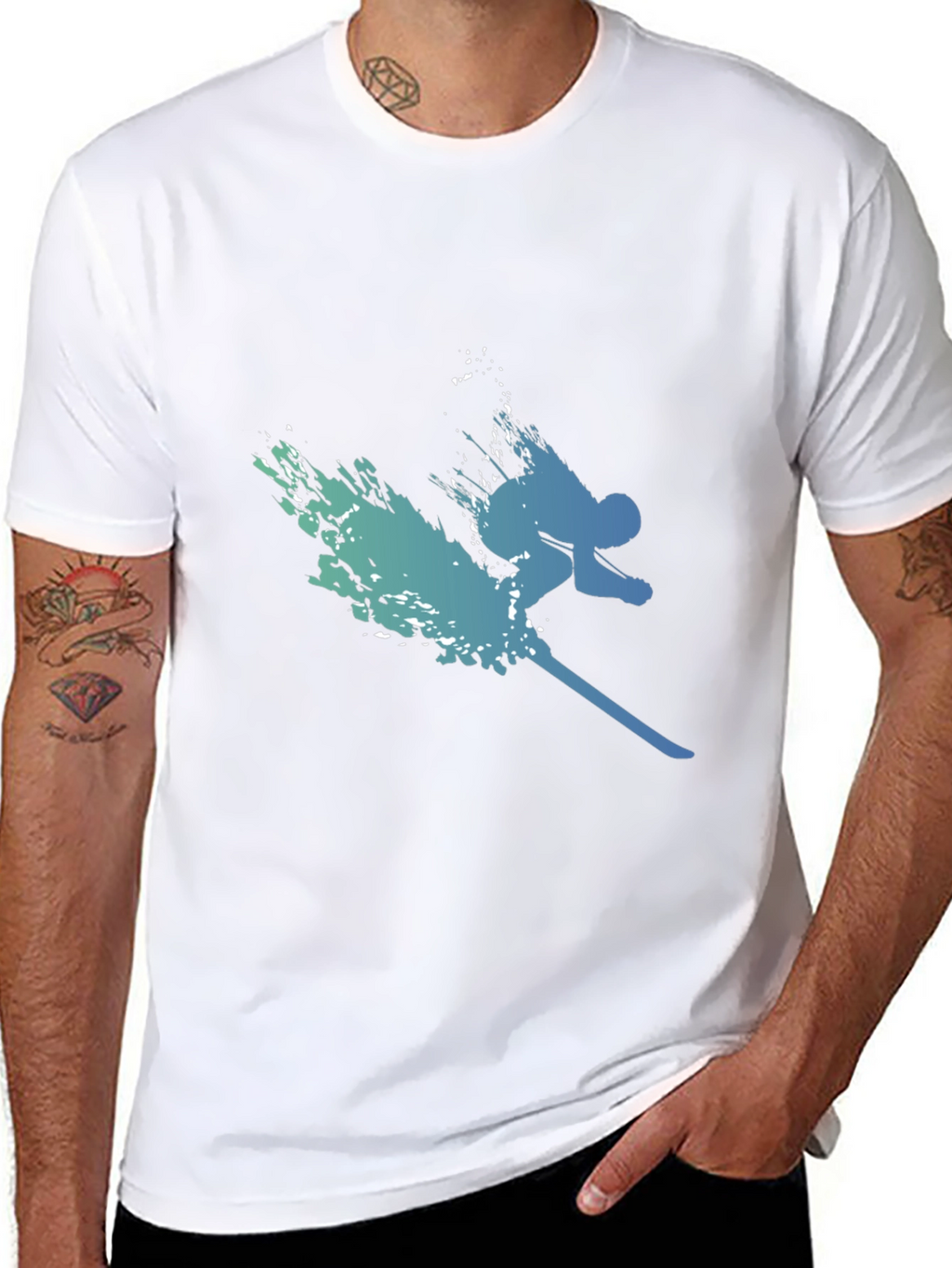 Stylish Skier Graphic Tee - Black Cotton Blend