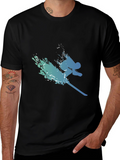Stylish Skier Graphic Tee - Black Cotton Blend