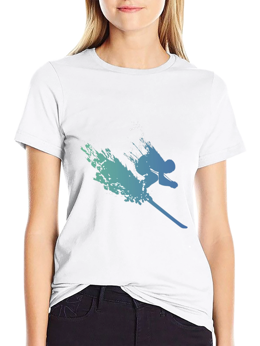 Stylish Skier Graphic Tee - Black Cotton Blend
