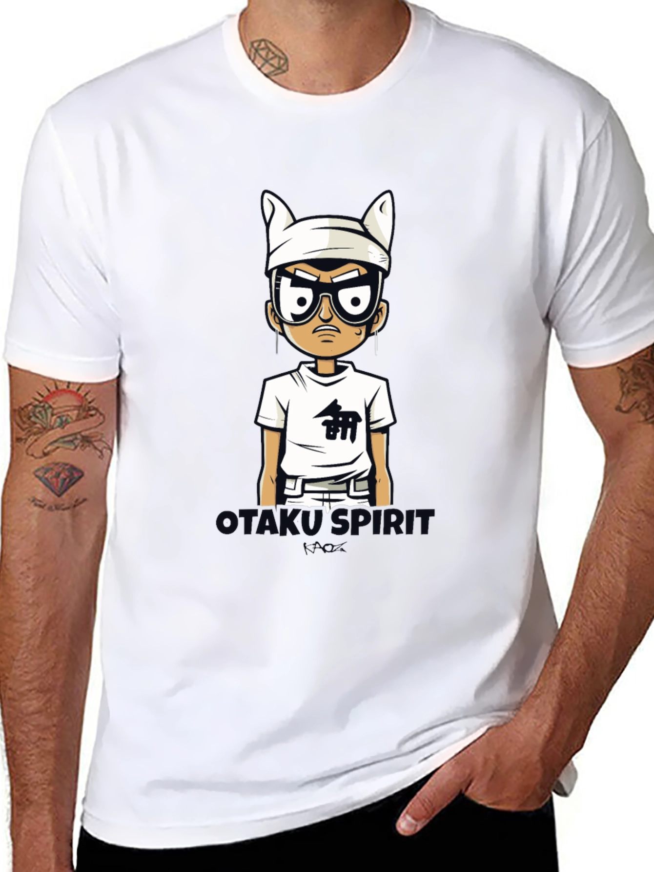 Otakus Spirit Mens Black Cartoon Graphic Tee
