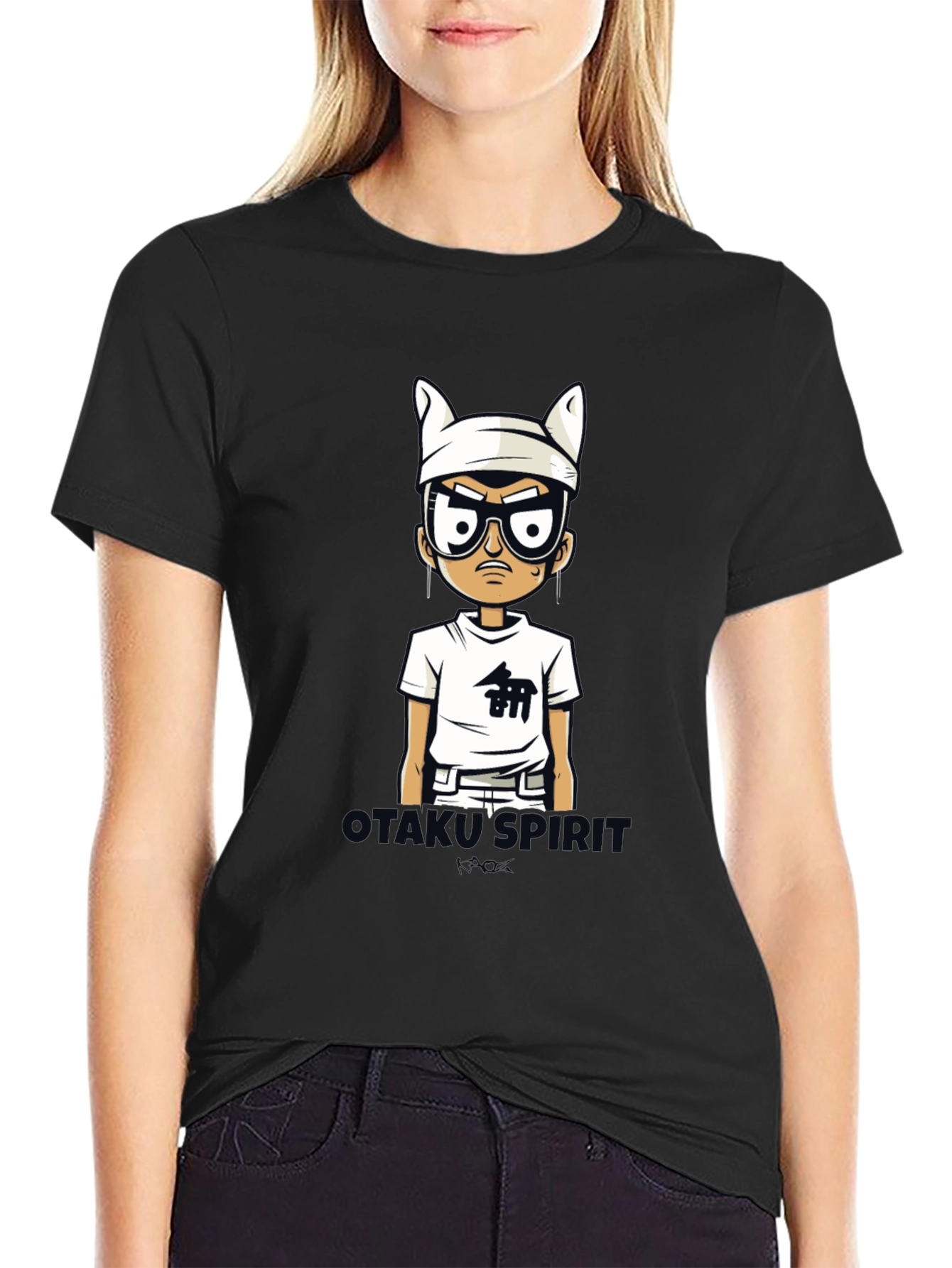 Otakus Spirit Mens Black Cartoon Graphic Tee