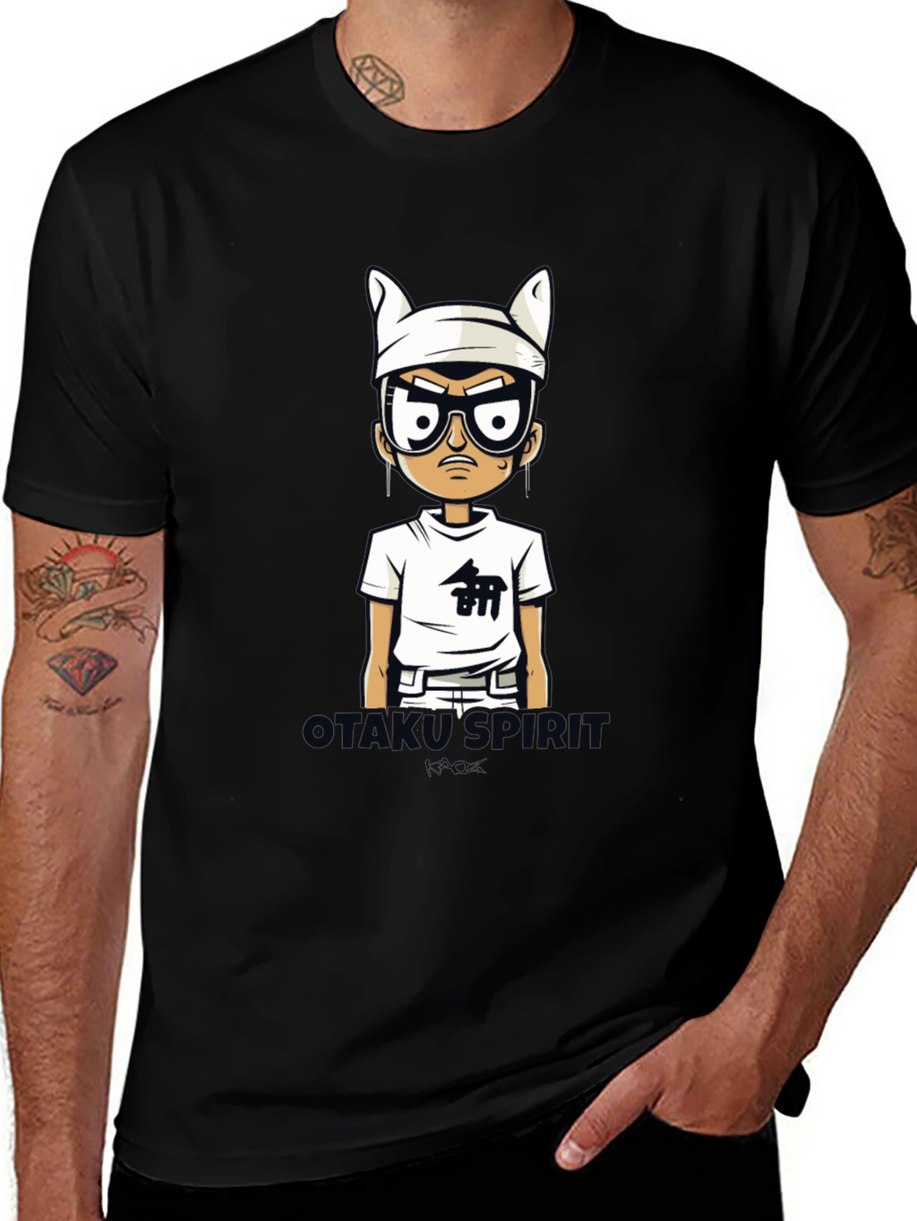 Otakus Spirit Mens Black Cartoon Graphic Tee
