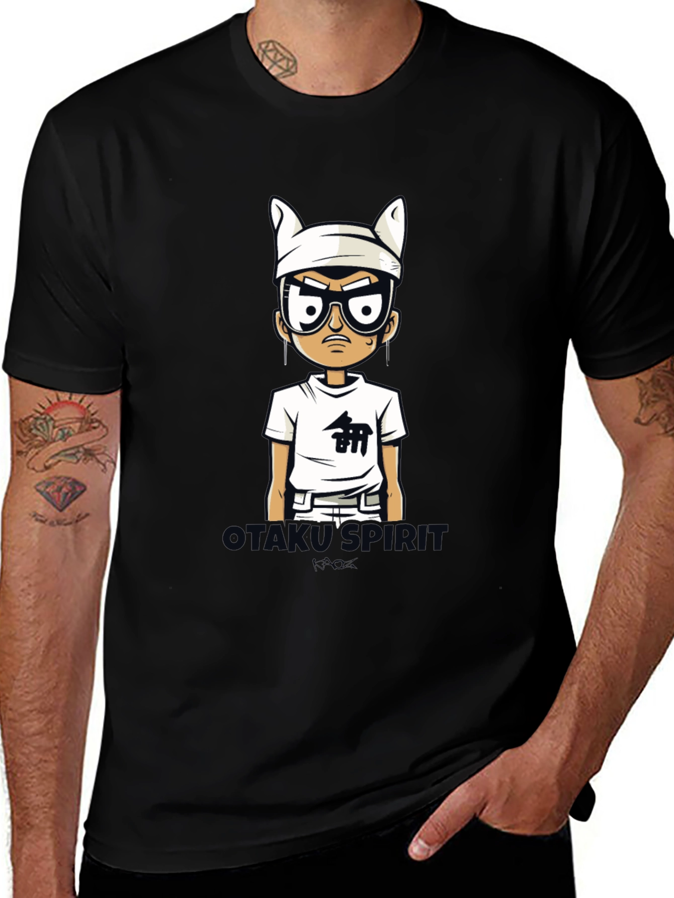 Otakus Spirit Mens Black Cartoon Graphic Tee