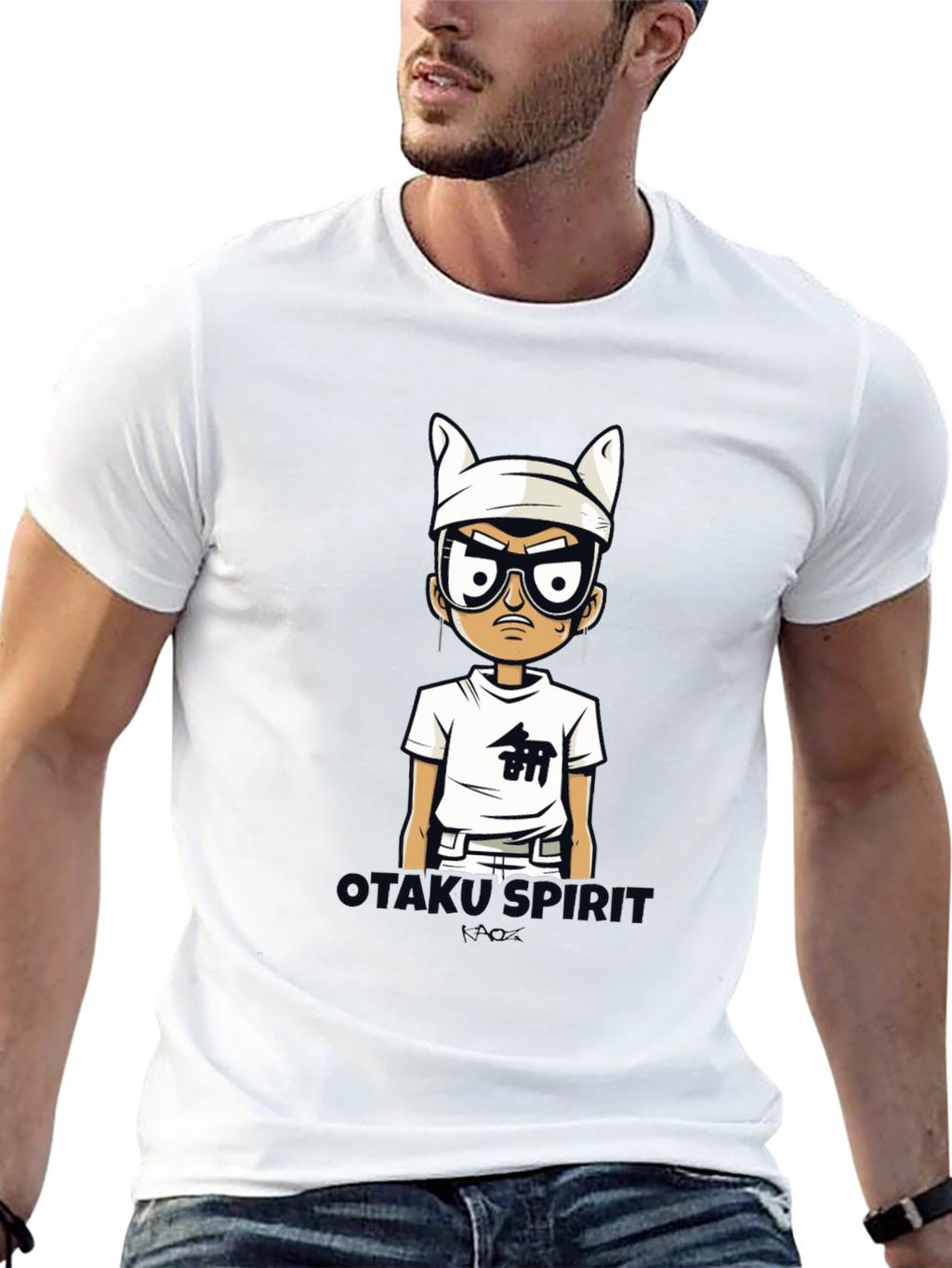 Otakus Spirit Mens Black Cartoon Graphic Tee