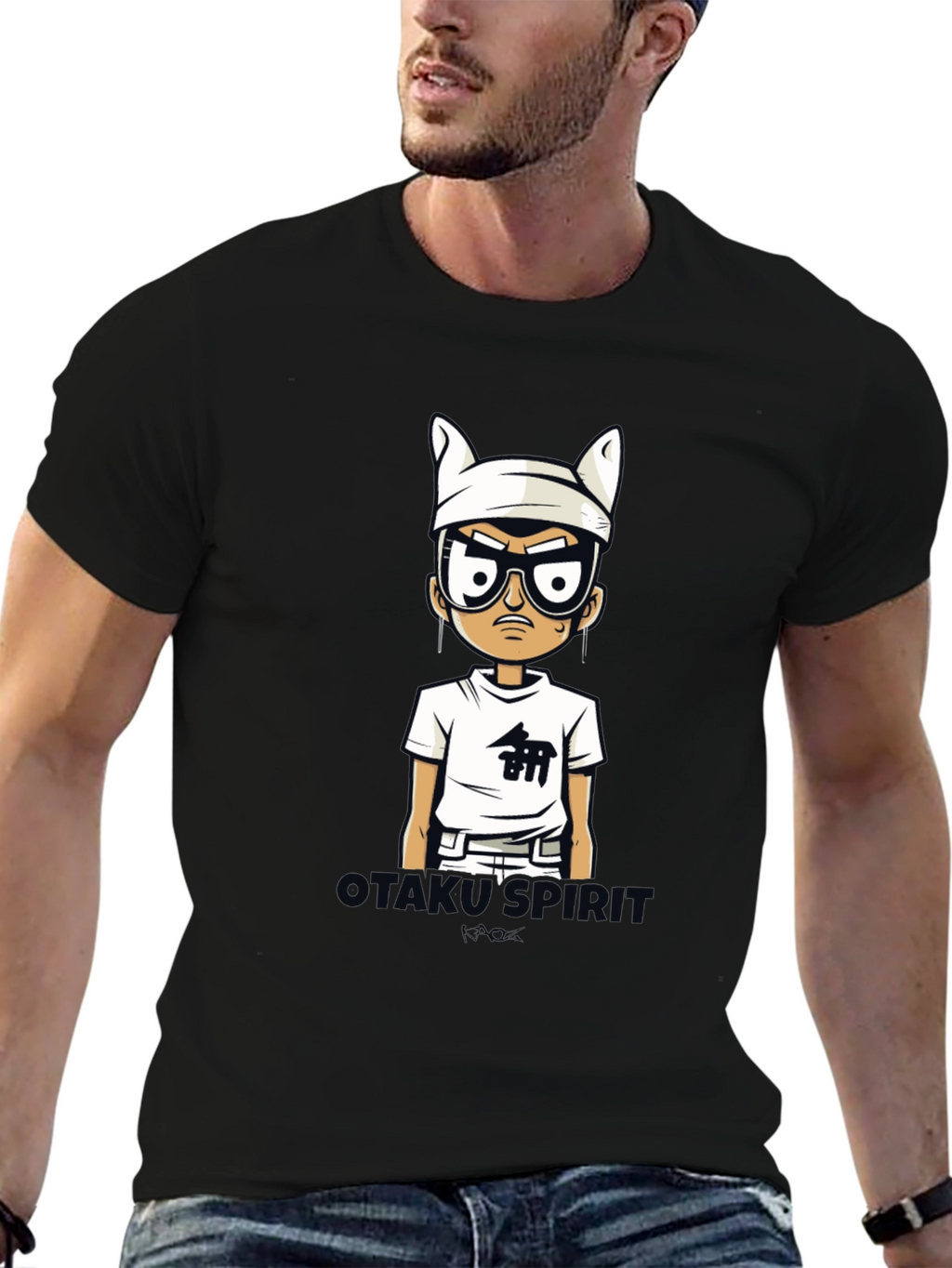 Otakus Spirit Mens Black Cartoon Graphic Tee