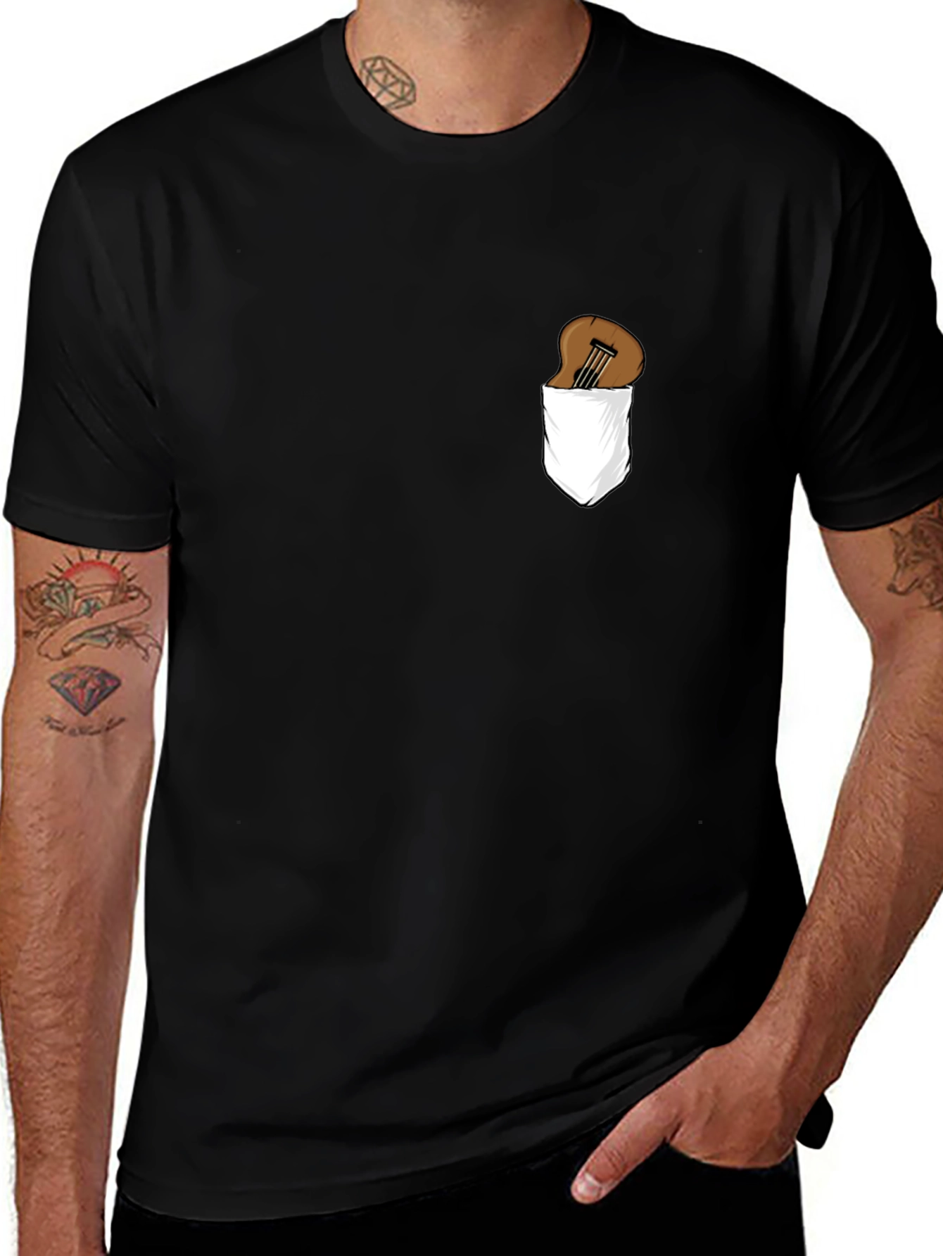 Guitar in Pocket Graphic Tee - Black Cotton T-Shirt