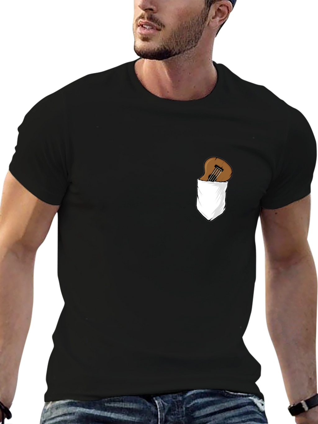 Guitar in Pocket Graphic Tee - Black Cotton T-Shirt