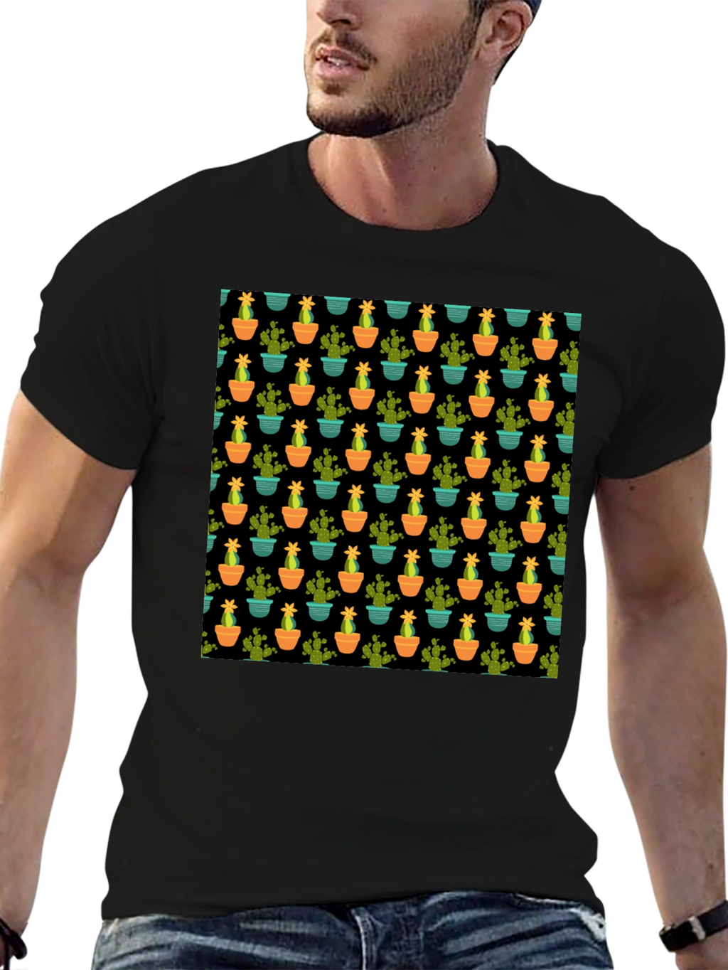 Cactus Pattern Black T-Shirt