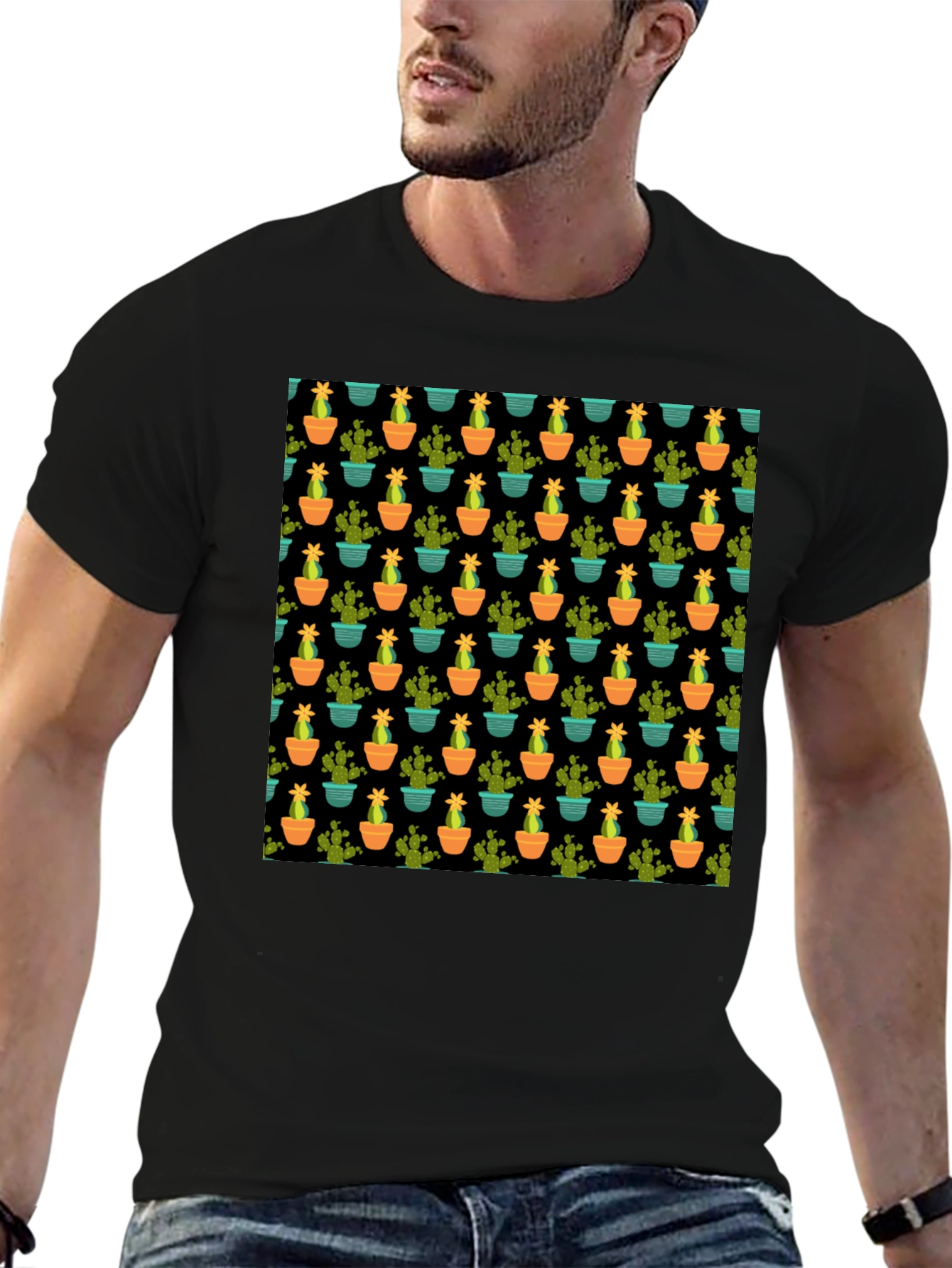 Cactus Pattern Black T-Shirt