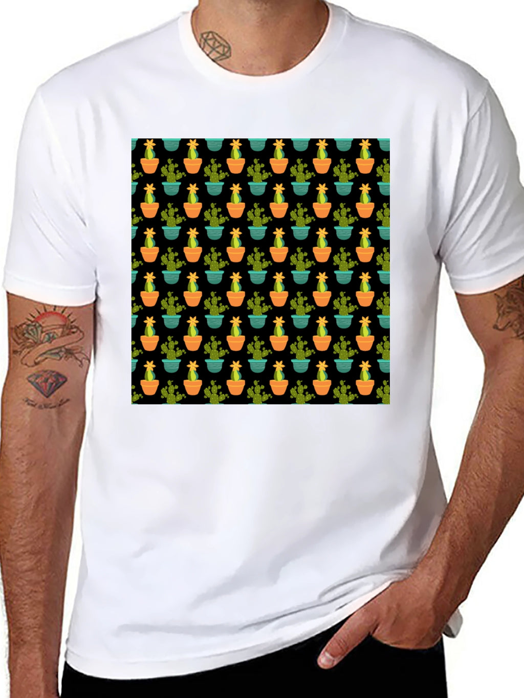 Cactus Pattern Black T-Shirt