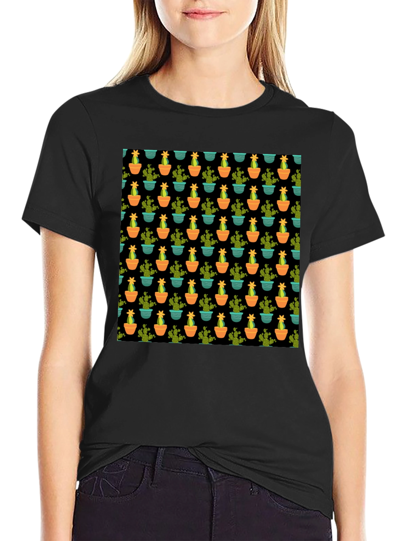 Cactus Pattern Black T-Shirt