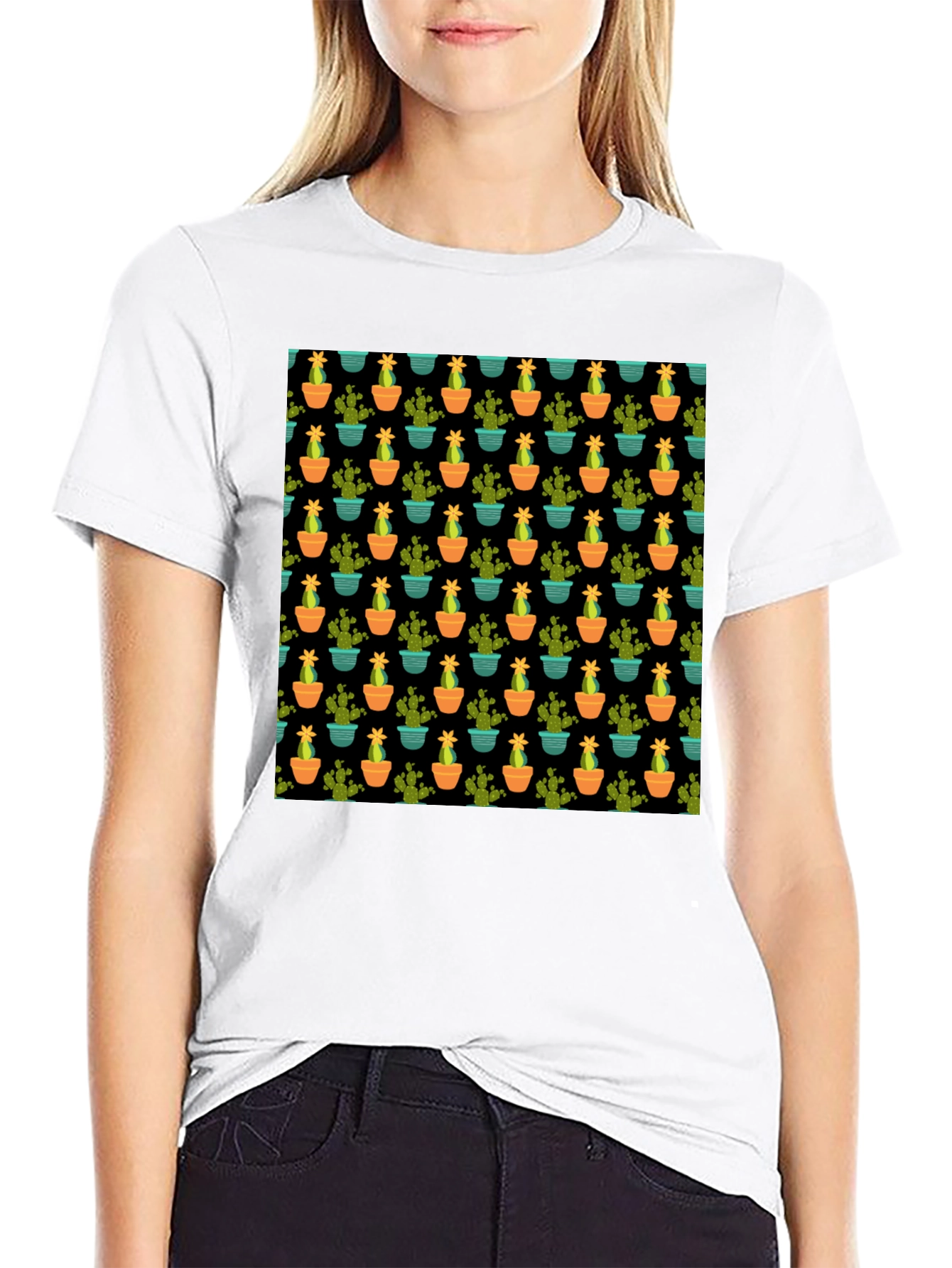 Cactus Pattern Black T-Shirt