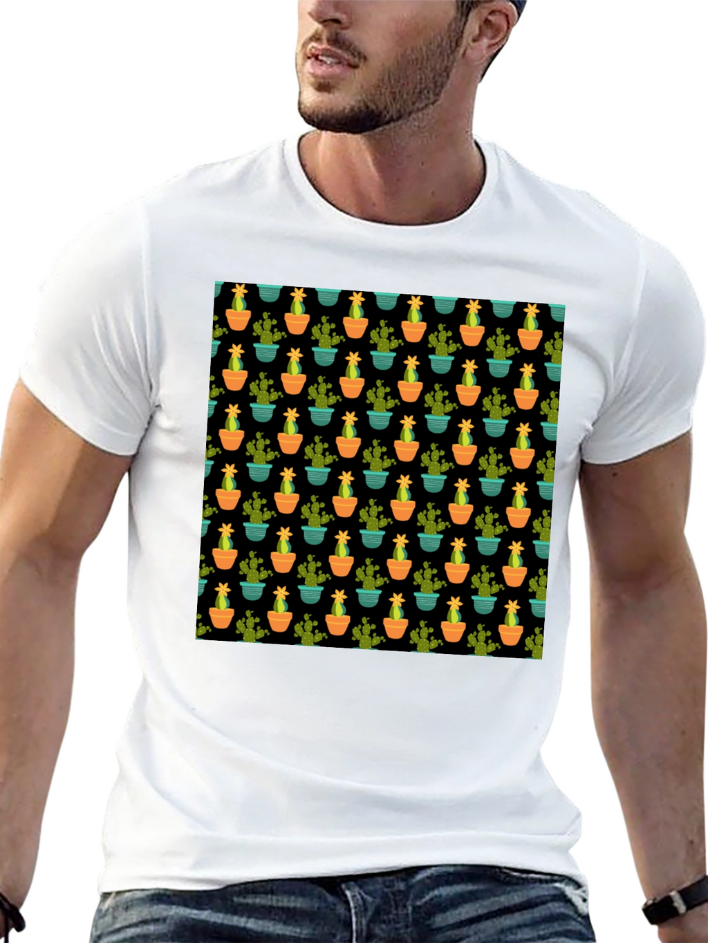 Cactus Pattern Black T-Shirt