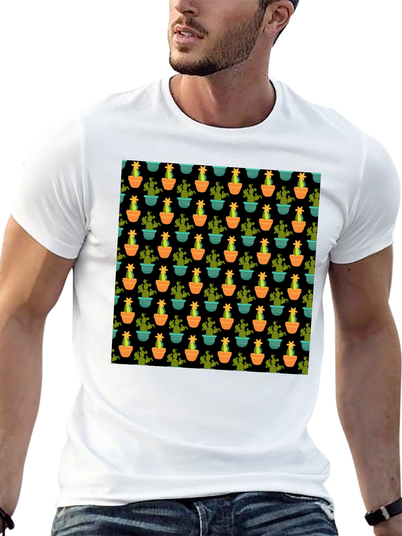 Cactus Pattern Black T-Shirt