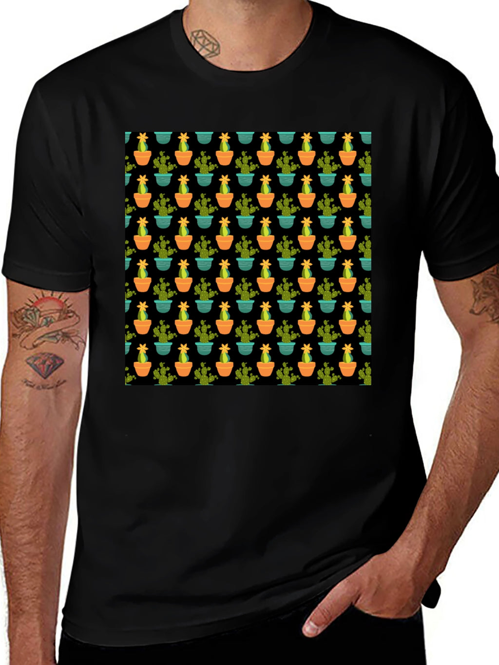 Cactus Pattern Black T-Shirt