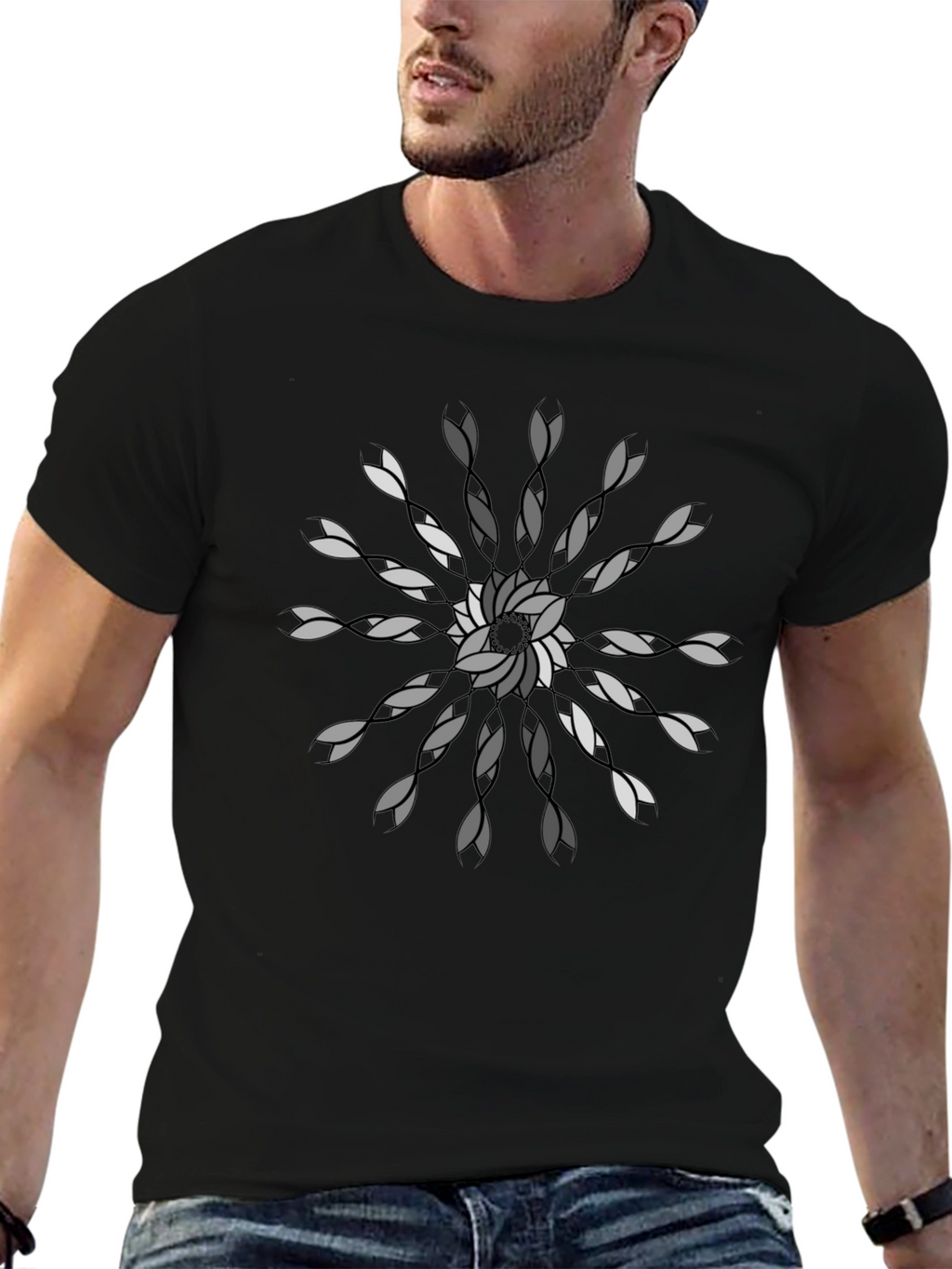 Geometric Floral Mandala Black T-Shirt