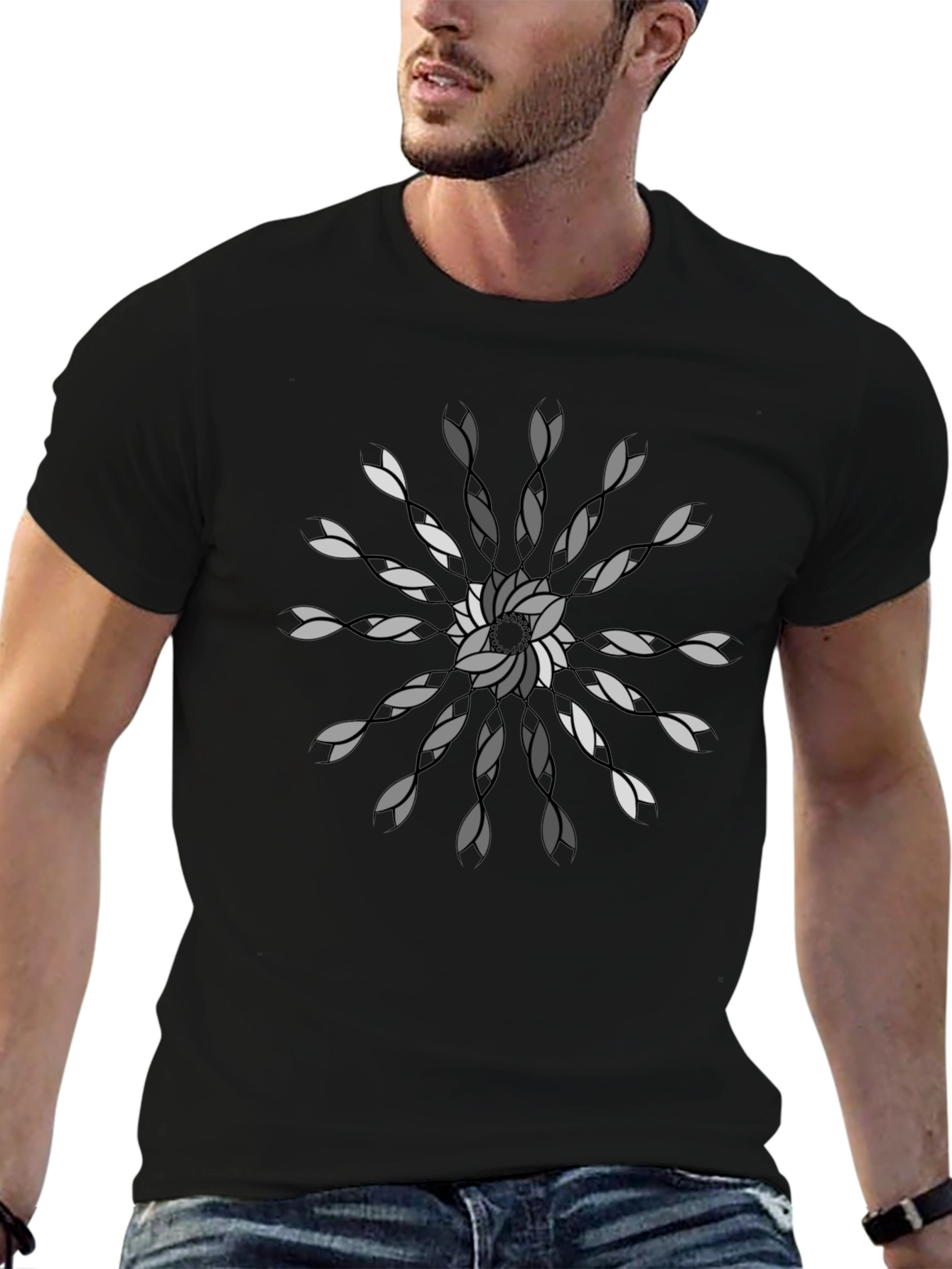 Geometric Floral Mandala Black T-Shirt