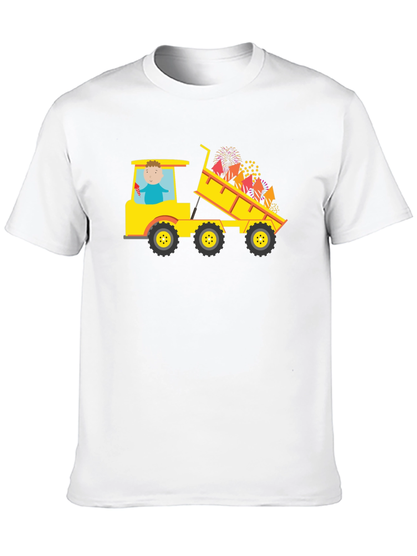 Black T-Shirt with Construction Truck Fireworks Graphic