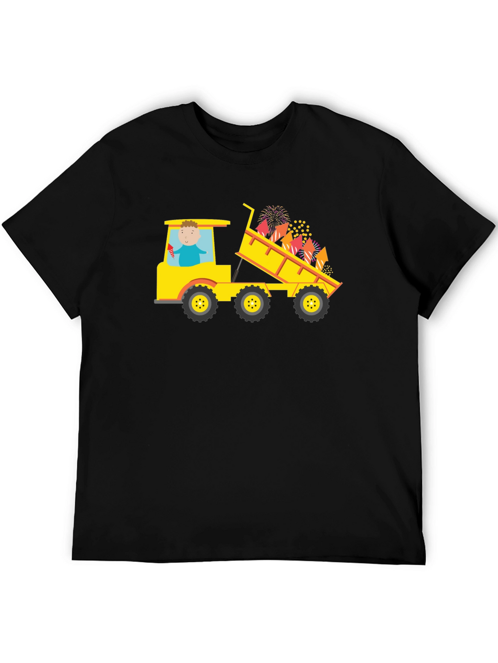 Black T-Shirt with Construction Truck Fireworks Graphic