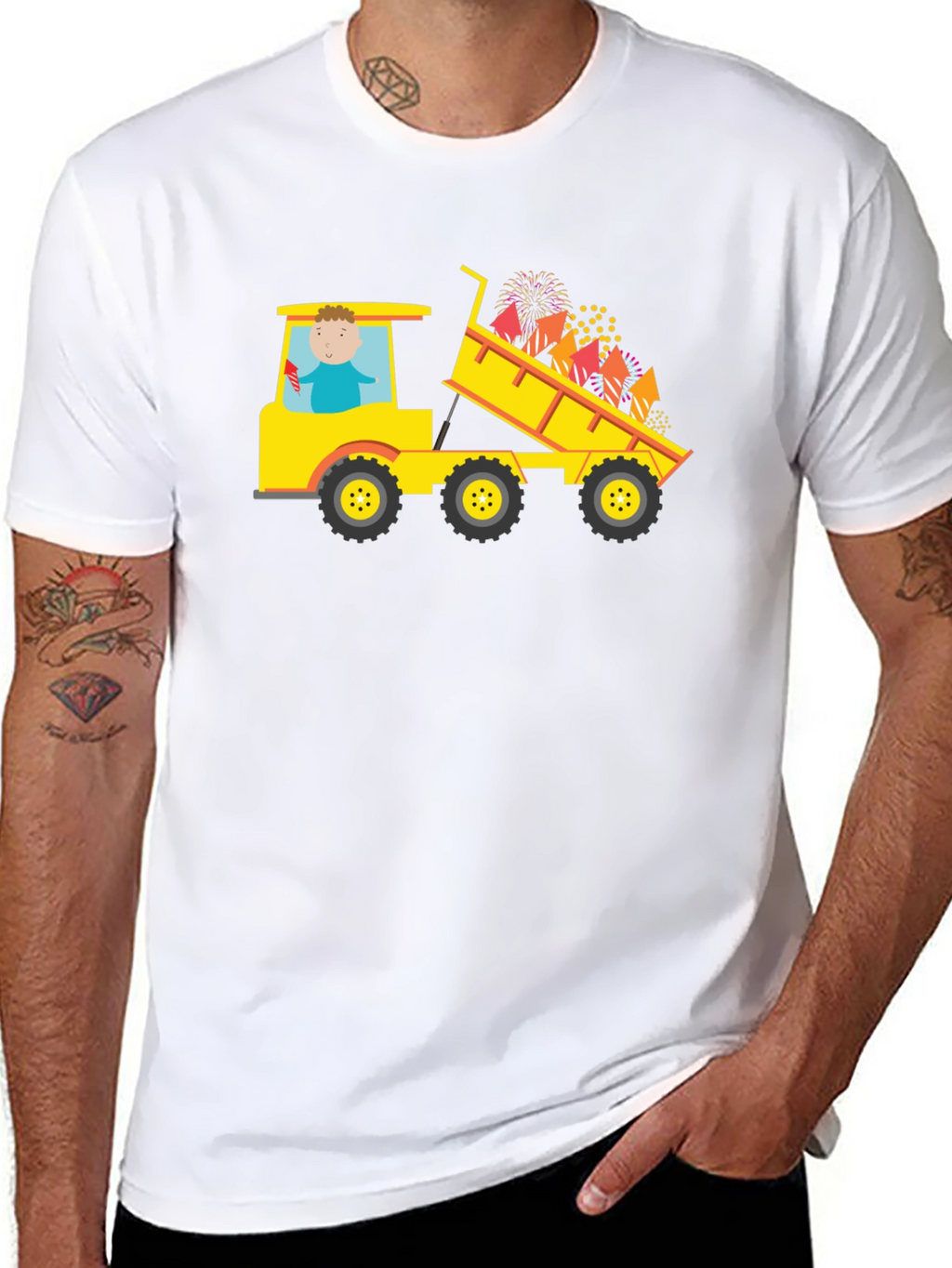 Black T-Shirt with Construction Truck Fireworks Graphic