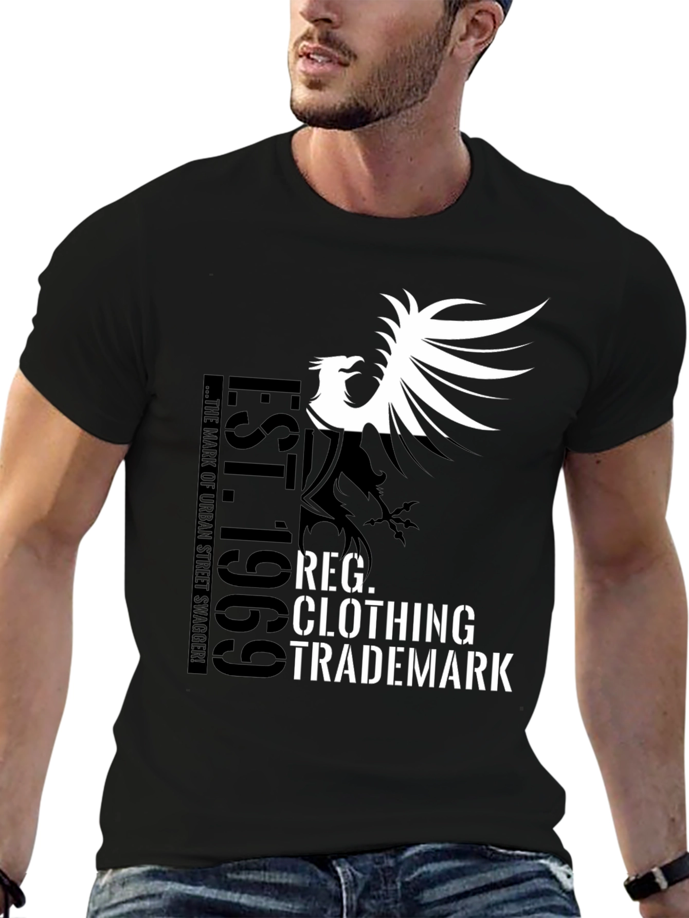 Black Graphic T-Shirt - Bird and Text Design
