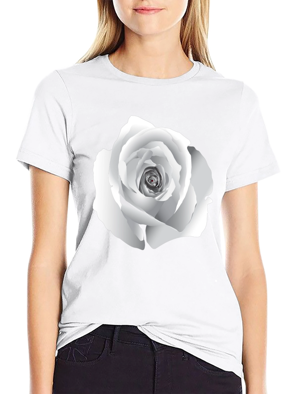 Elegant White Rose Graphic Tee - Black