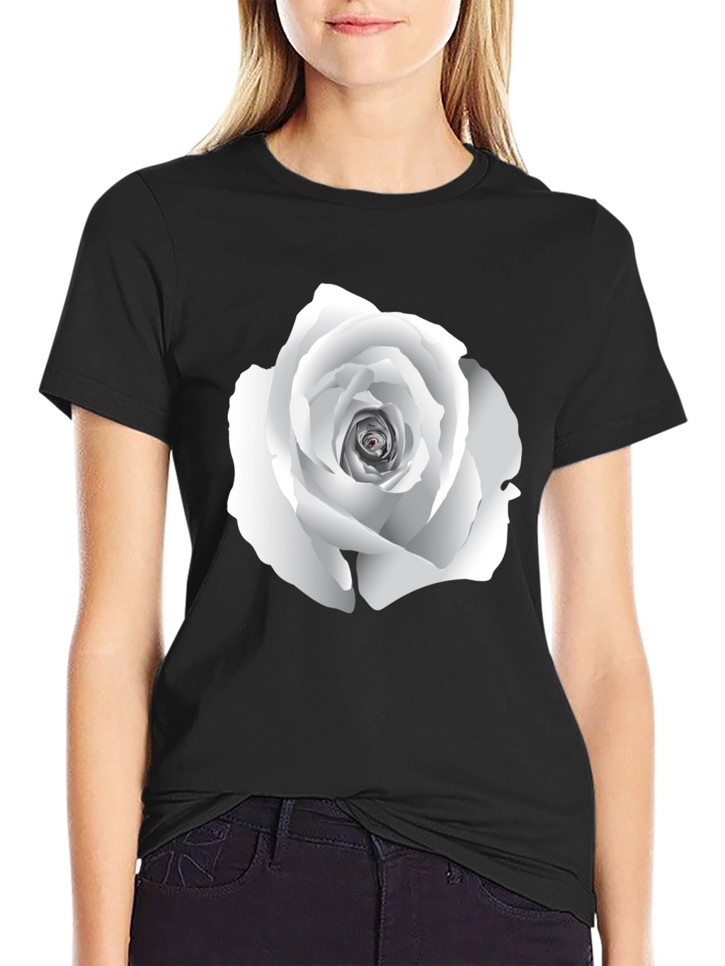 Elegant White Rose Graphic Tee - Black