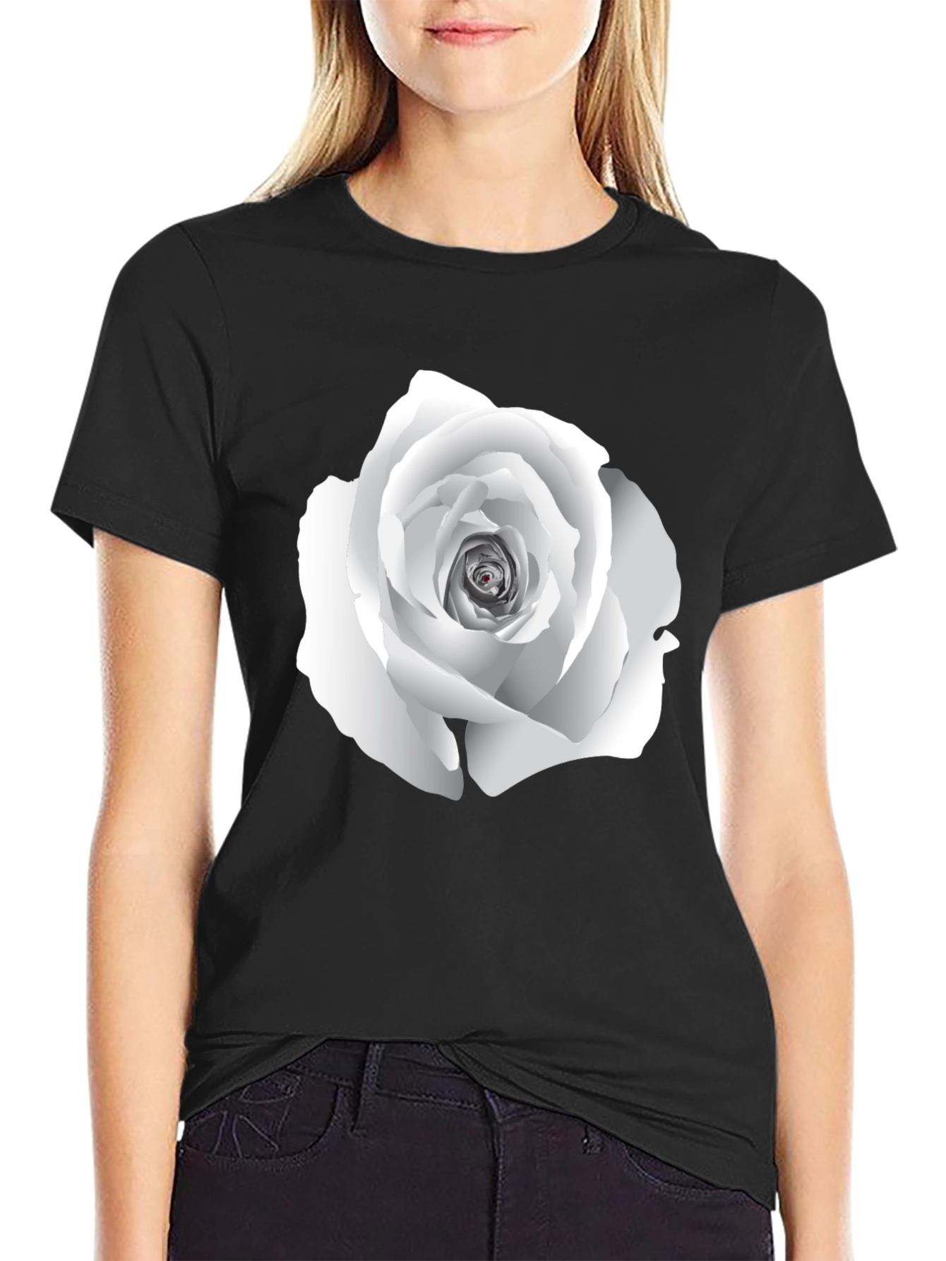 Elegant White Rose Graphic Tee - Black