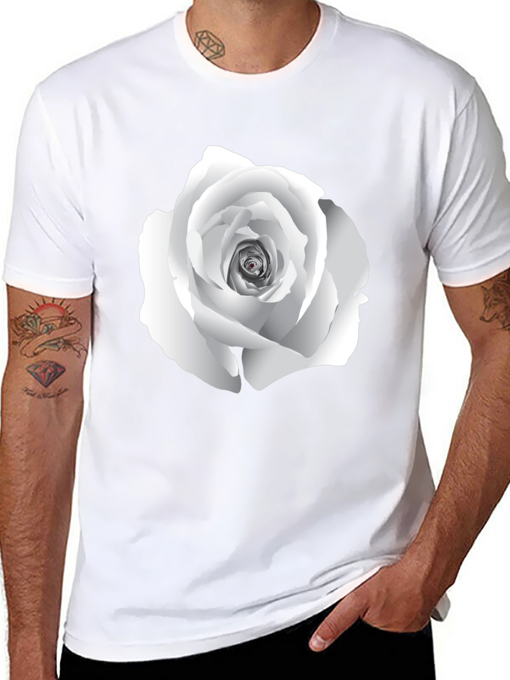 Elegant White Rose Graphic Tee - Black