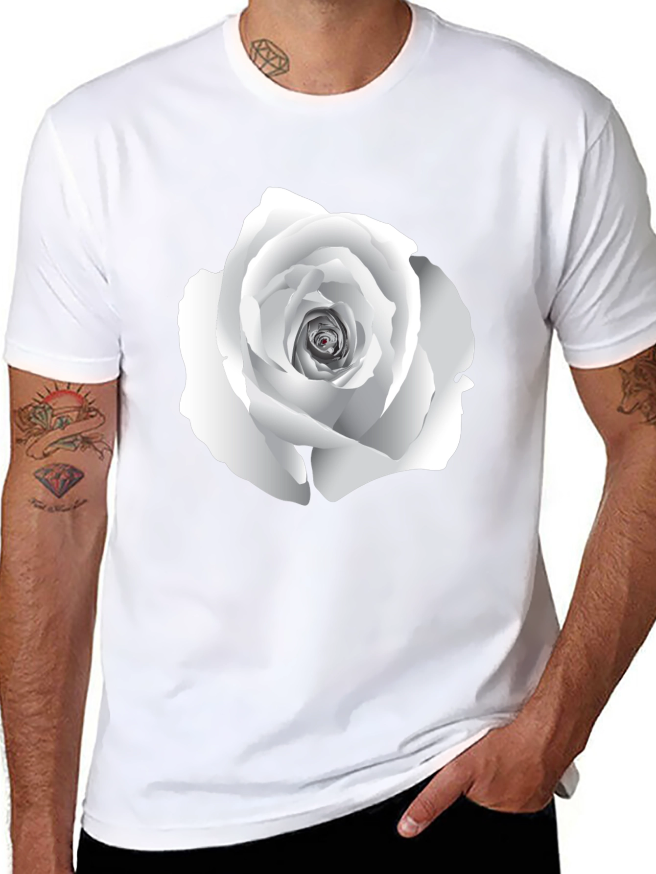 Elegant White Rose Graphic Tee - Black