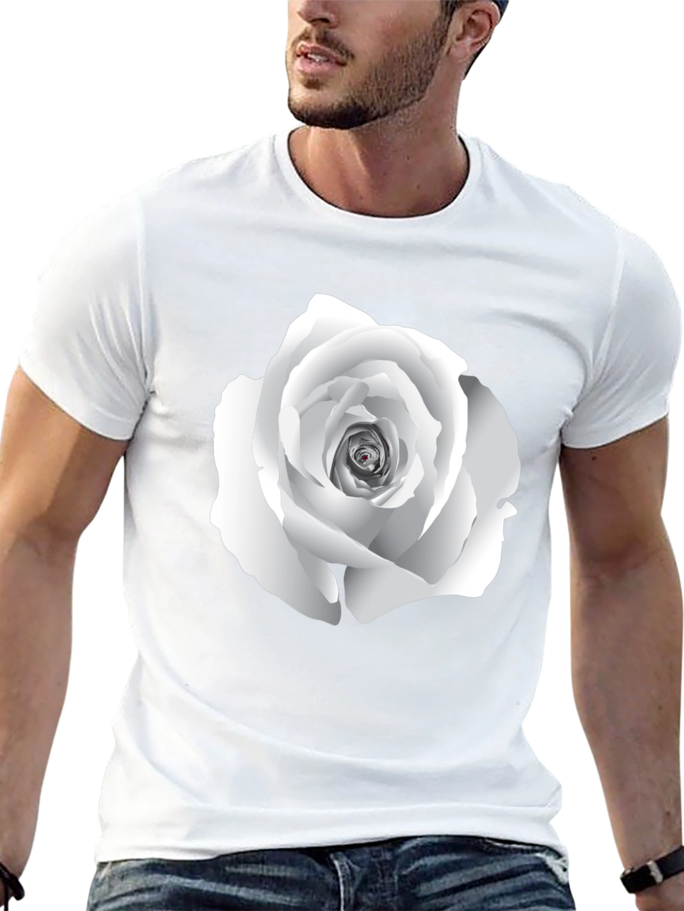 Elegant White Rose Graphic Tee - Black