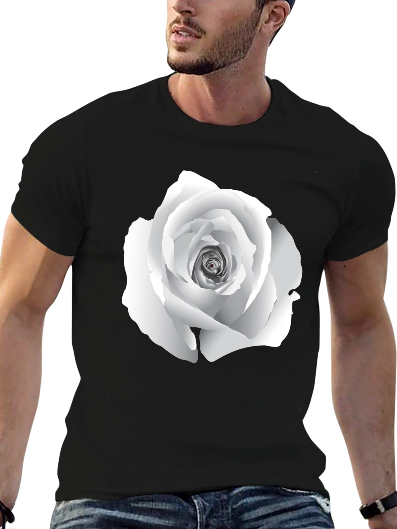 Elegant White Rose Graphic Tee - Black