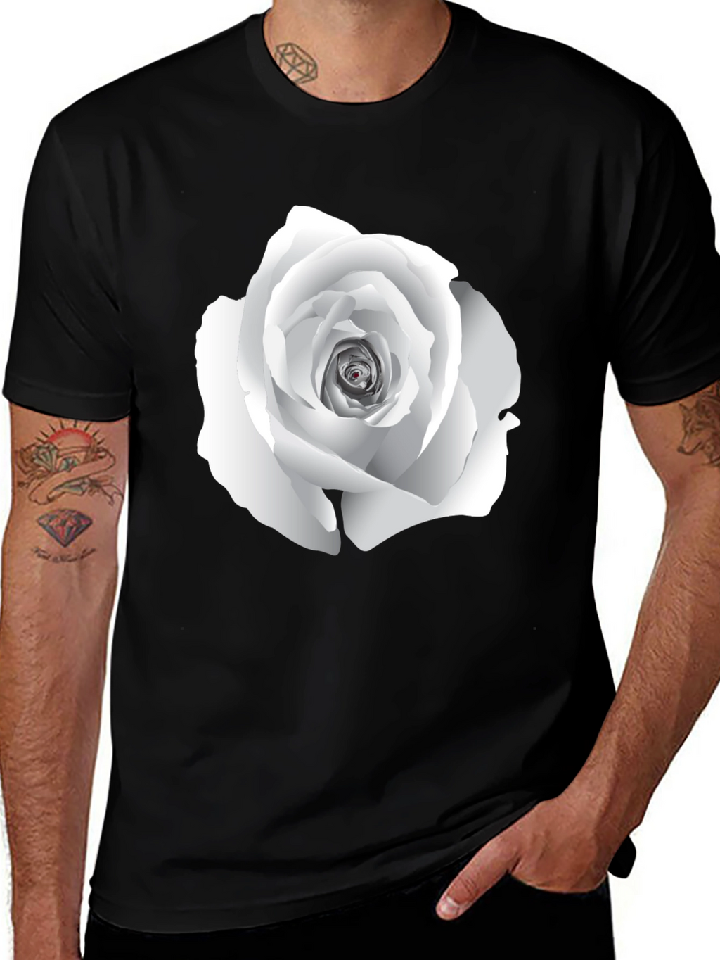 Elegant White Rose Graphic Tee - Black