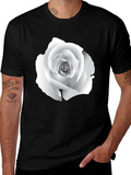 Elegant White Rose Graphic Tee - Black