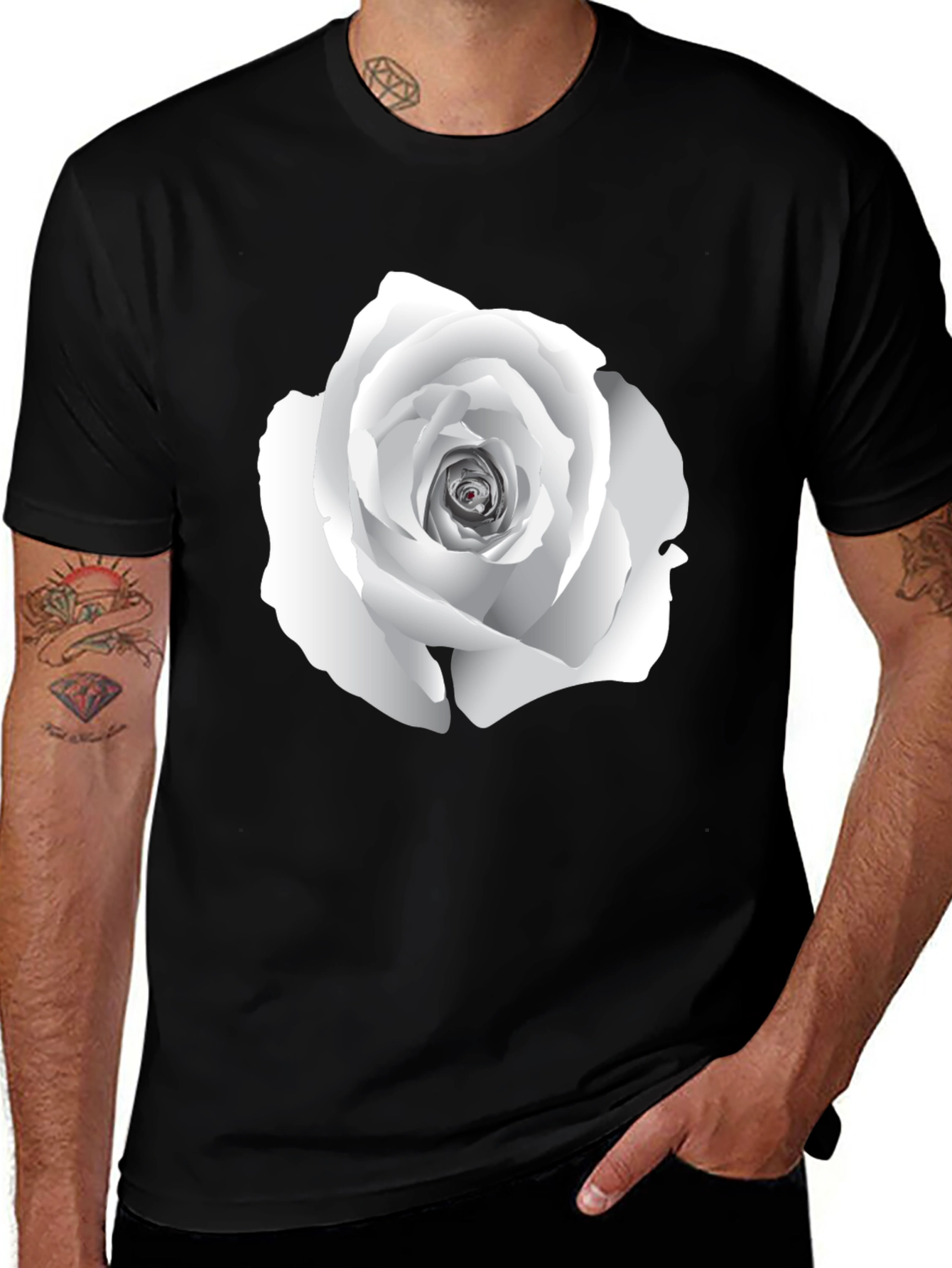 Elegant White Rose Graphic Tee - Black