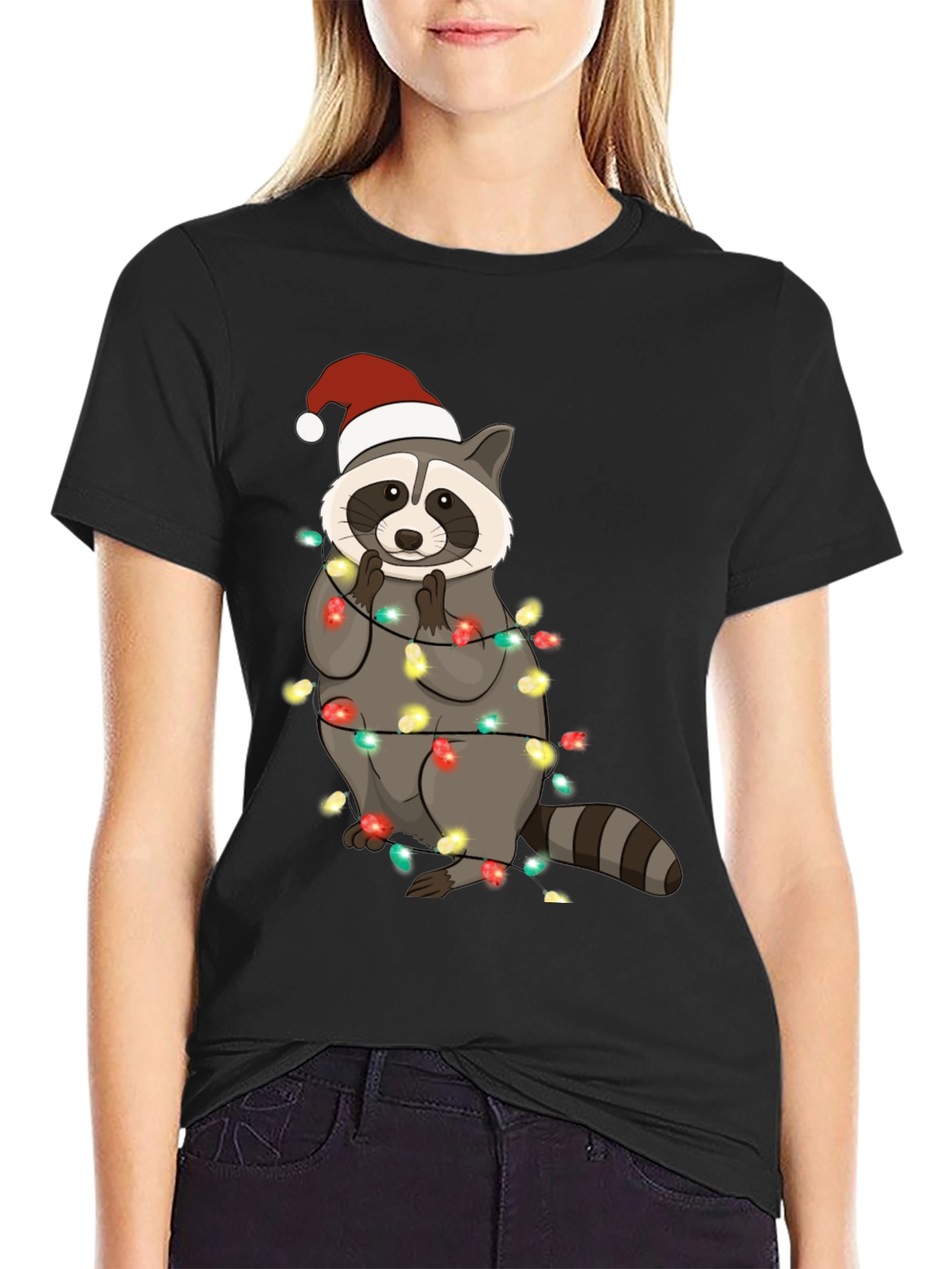 Christmas Raccoon Lights Mens Black T-Shirt