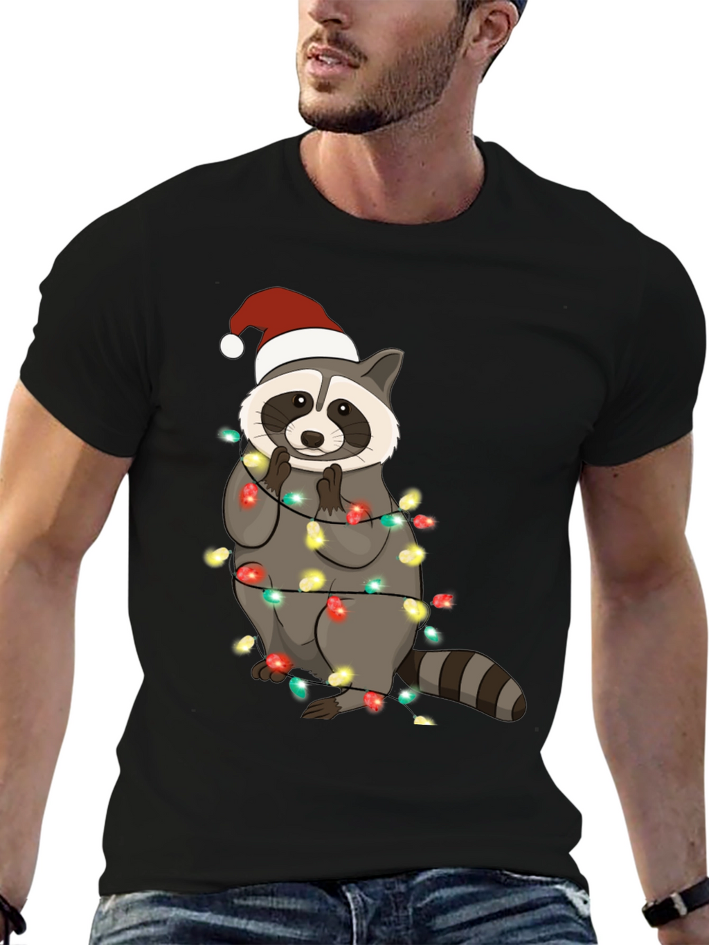 Christmas Raccoon Lights Mens Black T-Shirt