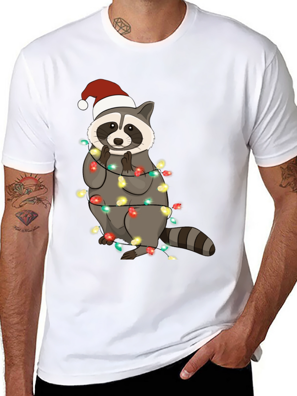 Christmas Raccoon Lights Mens Black T-Shirt