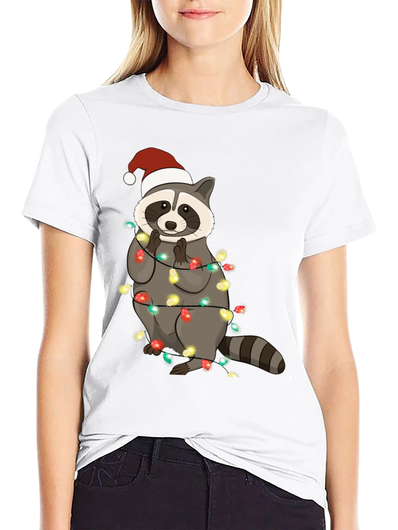 Christmas Raccoon Lights Mens Black T-Shirt