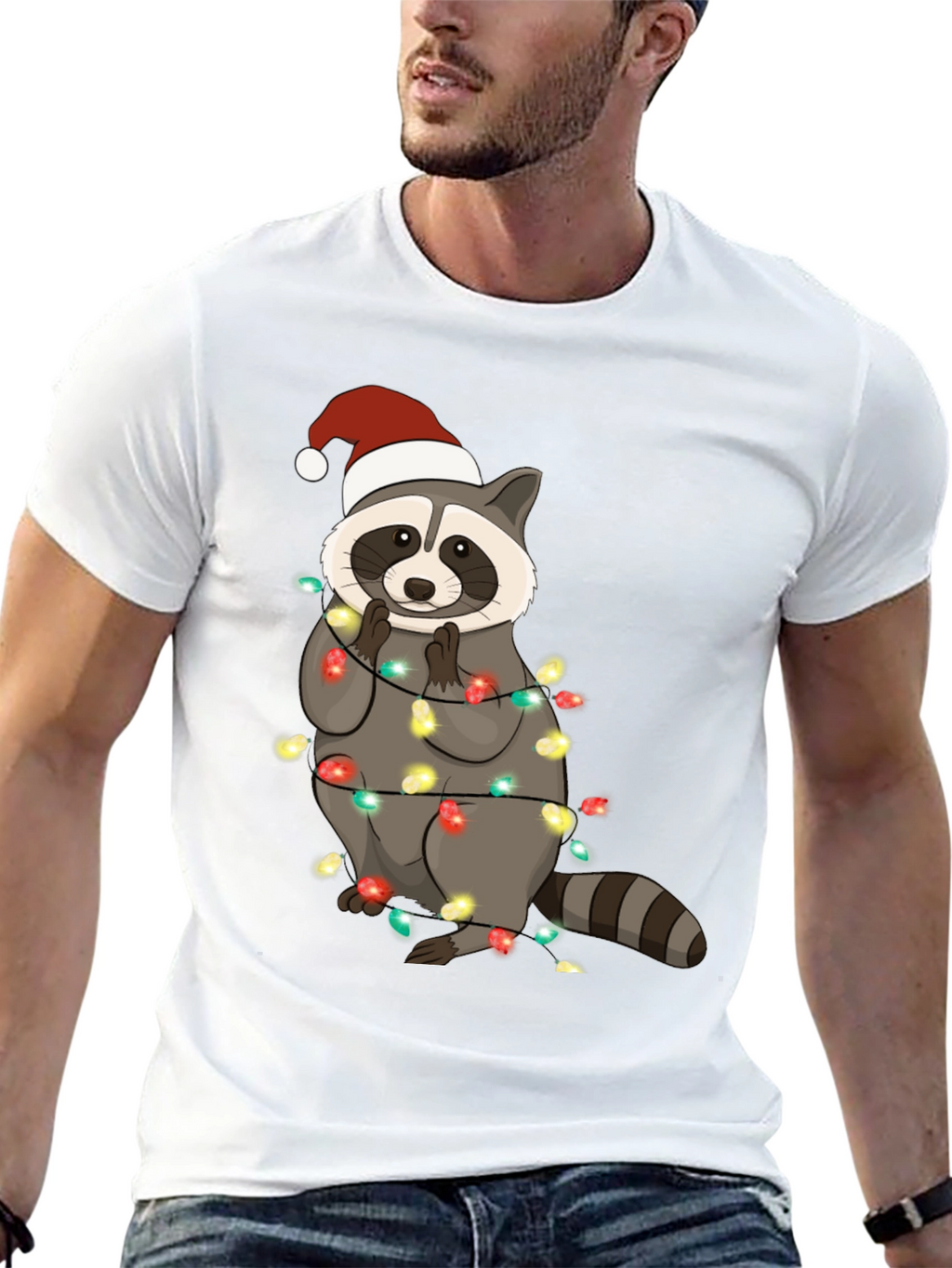 Christmas Raccoon Lights Mens Black T-Shirt