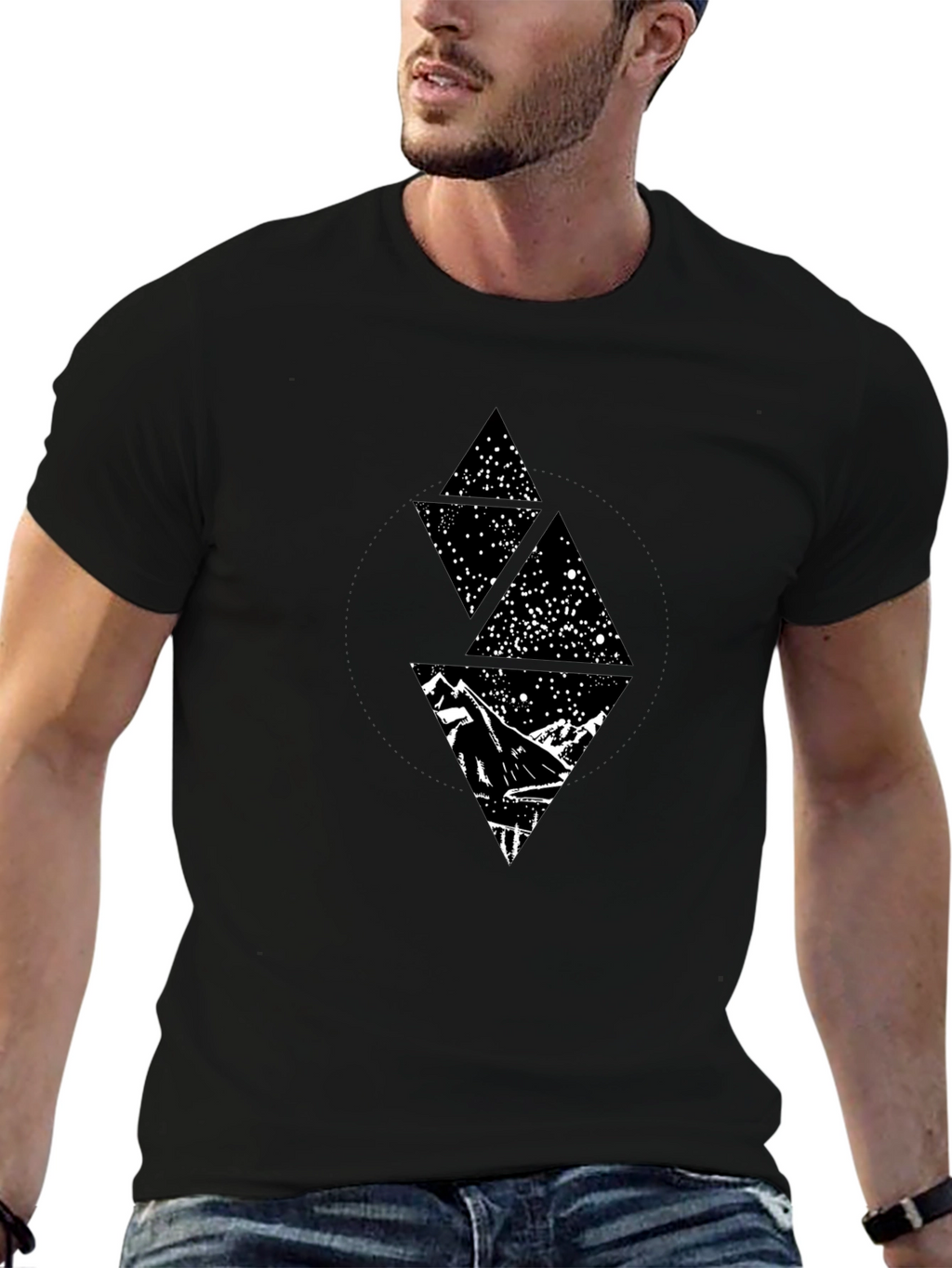 Geometric Mountain Starry Sky Graphic Tee - Black