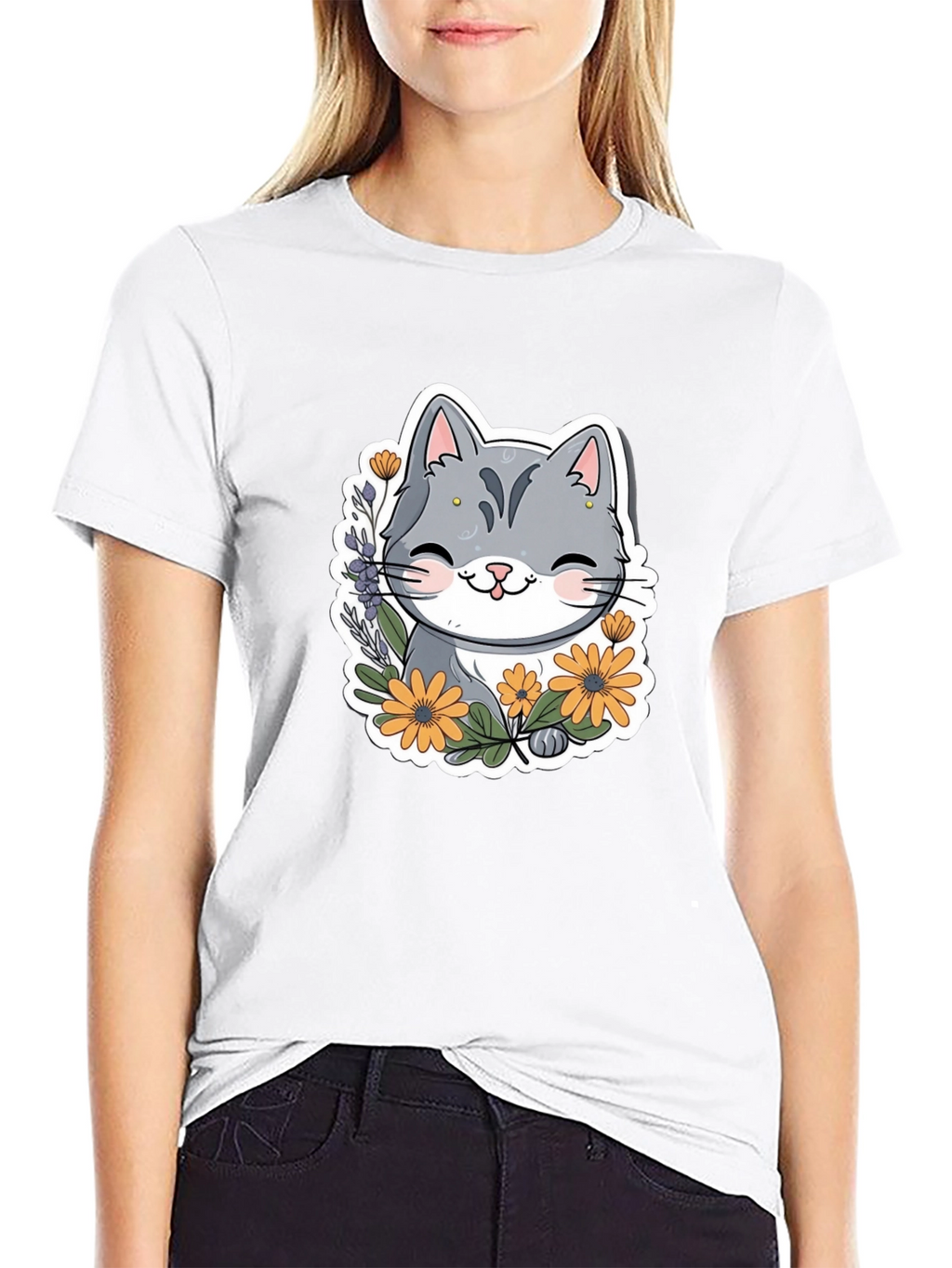 Cute Cat T-Shirt with Flowers