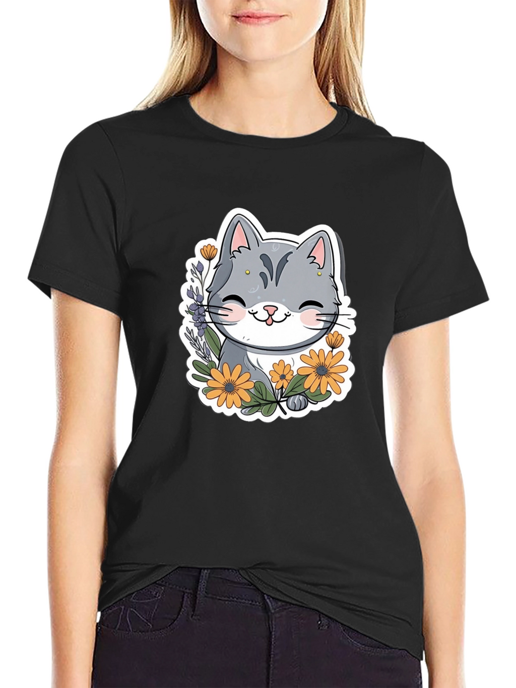 Cute Cat T-Shirt with Flowers