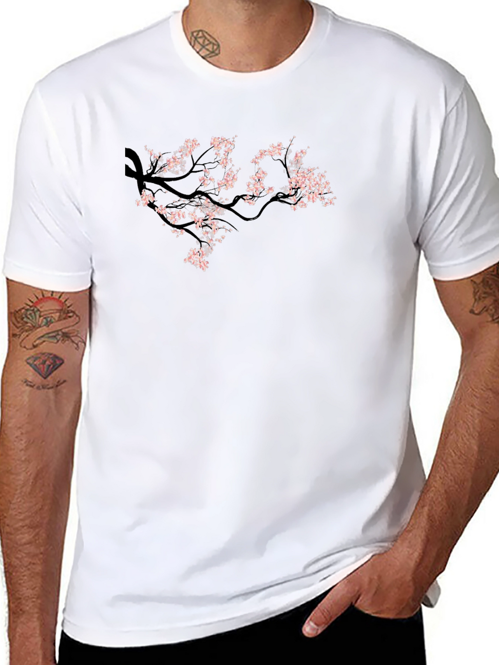 Black Tee with Cherry Blossom Branch Design